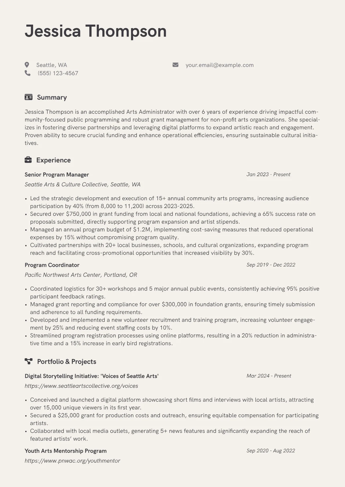 Arts Administrator resume example, Community Arts & Public, page 1