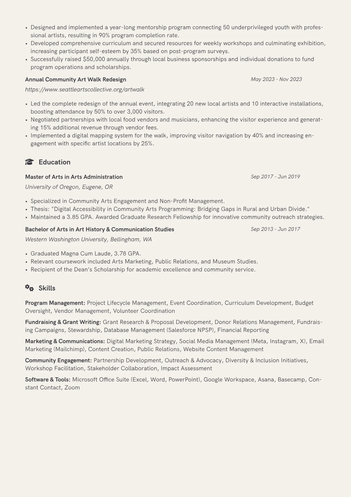 Arts Administrator resume example, Community Arts & Public, page 2