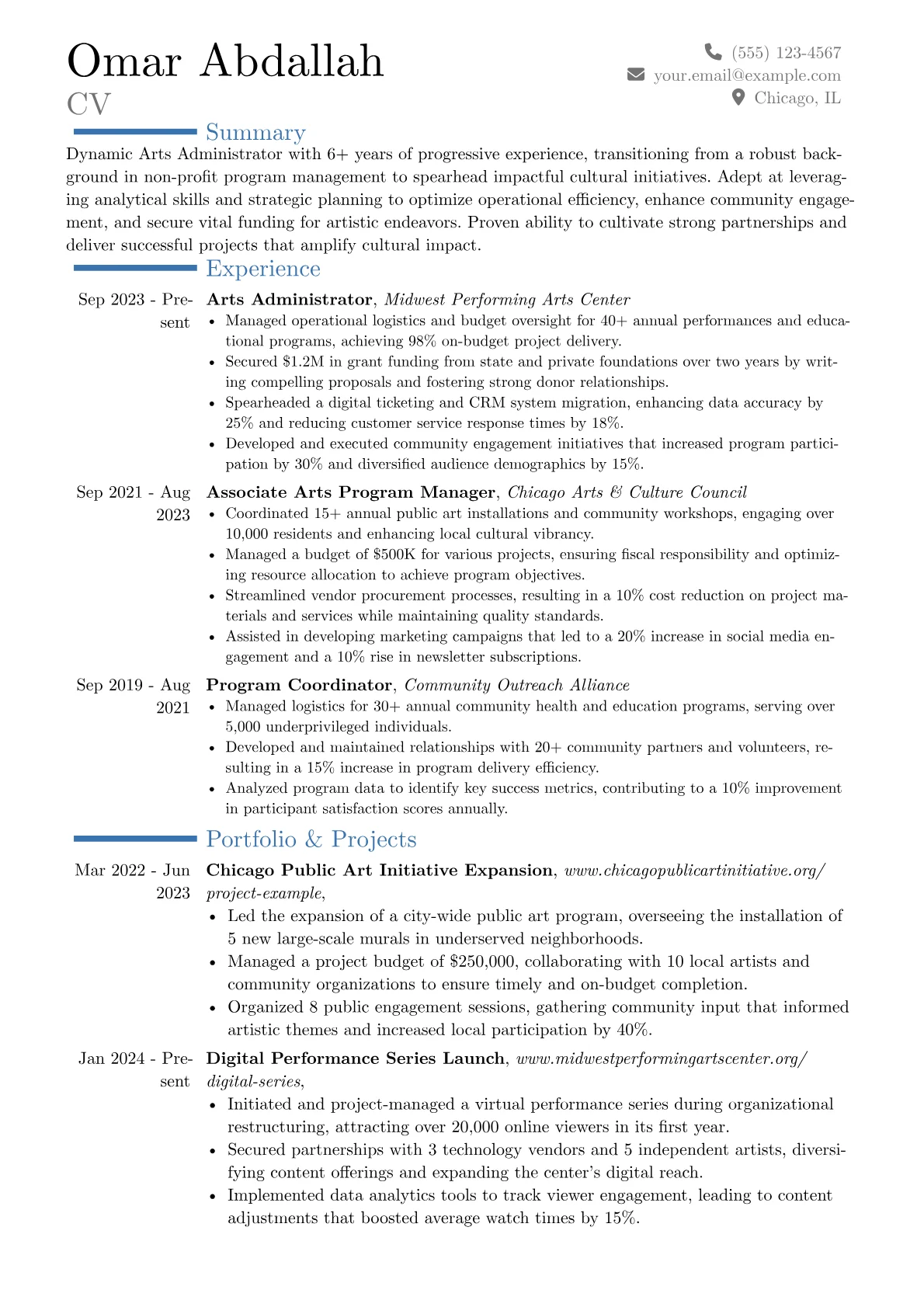 Arts Administrator resume example, Career changer, page 1