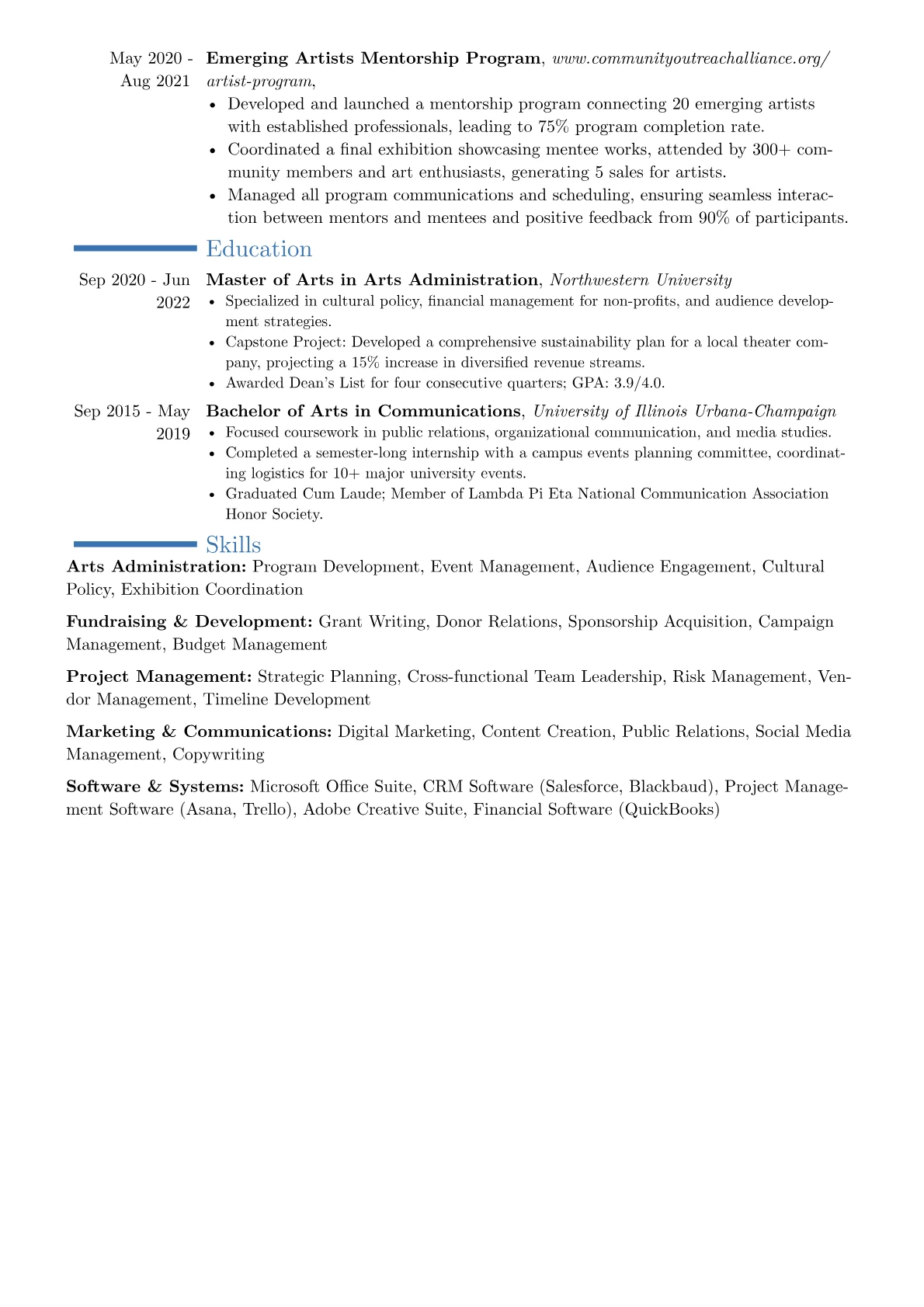 Arts Administrator resume example, Career changer, page 2