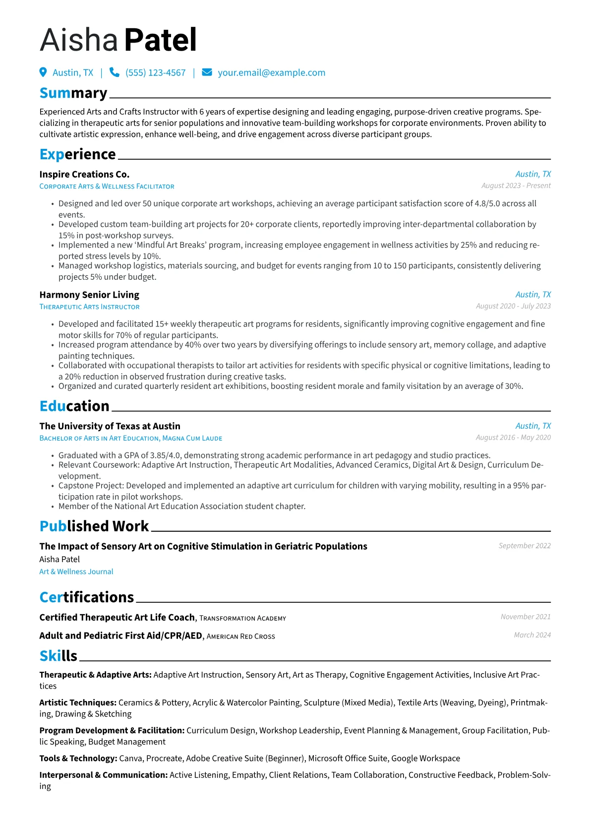 Arts and Crafts Instructor resume example, Therapeutic & Adaptive, page 1