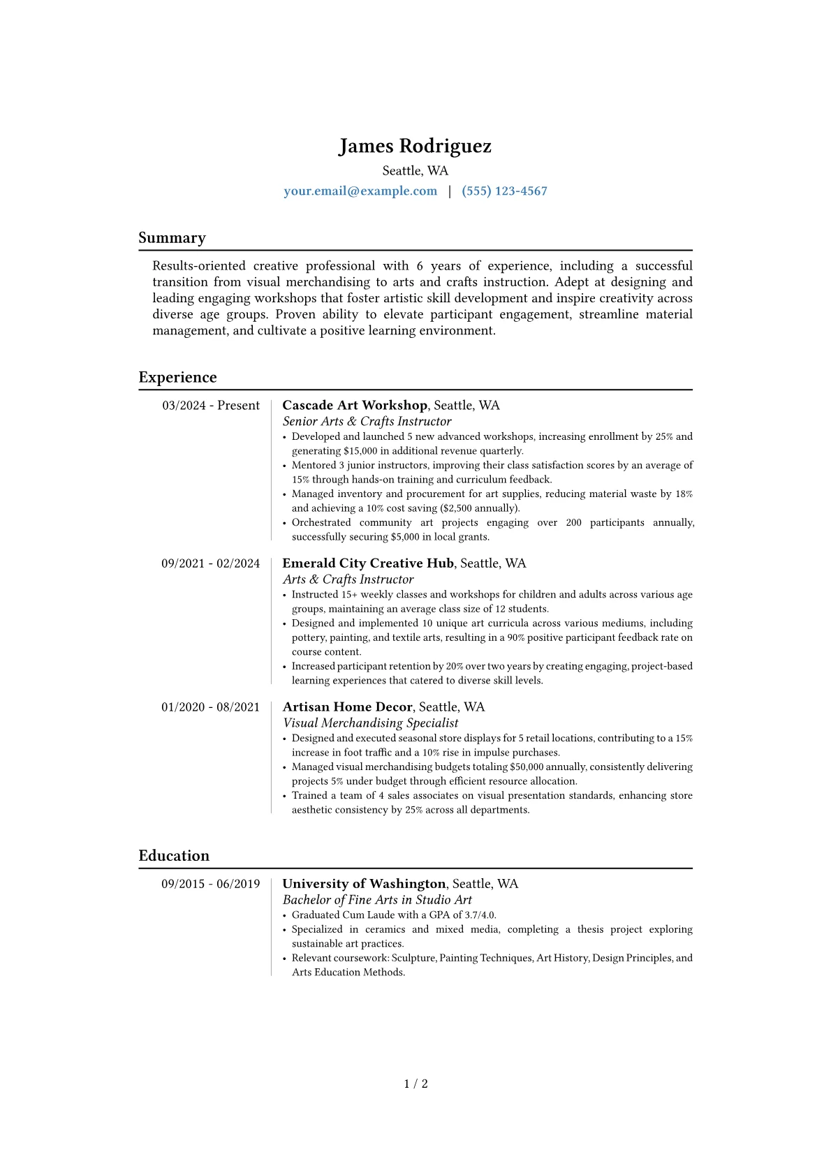 Arts and Crafts Instructor resume example, Career changer, page 1