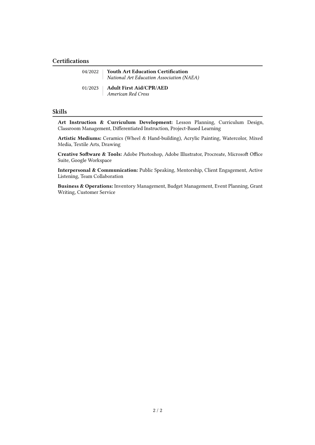 Arts and Crafts Instructor resume example, Career changer, page 2