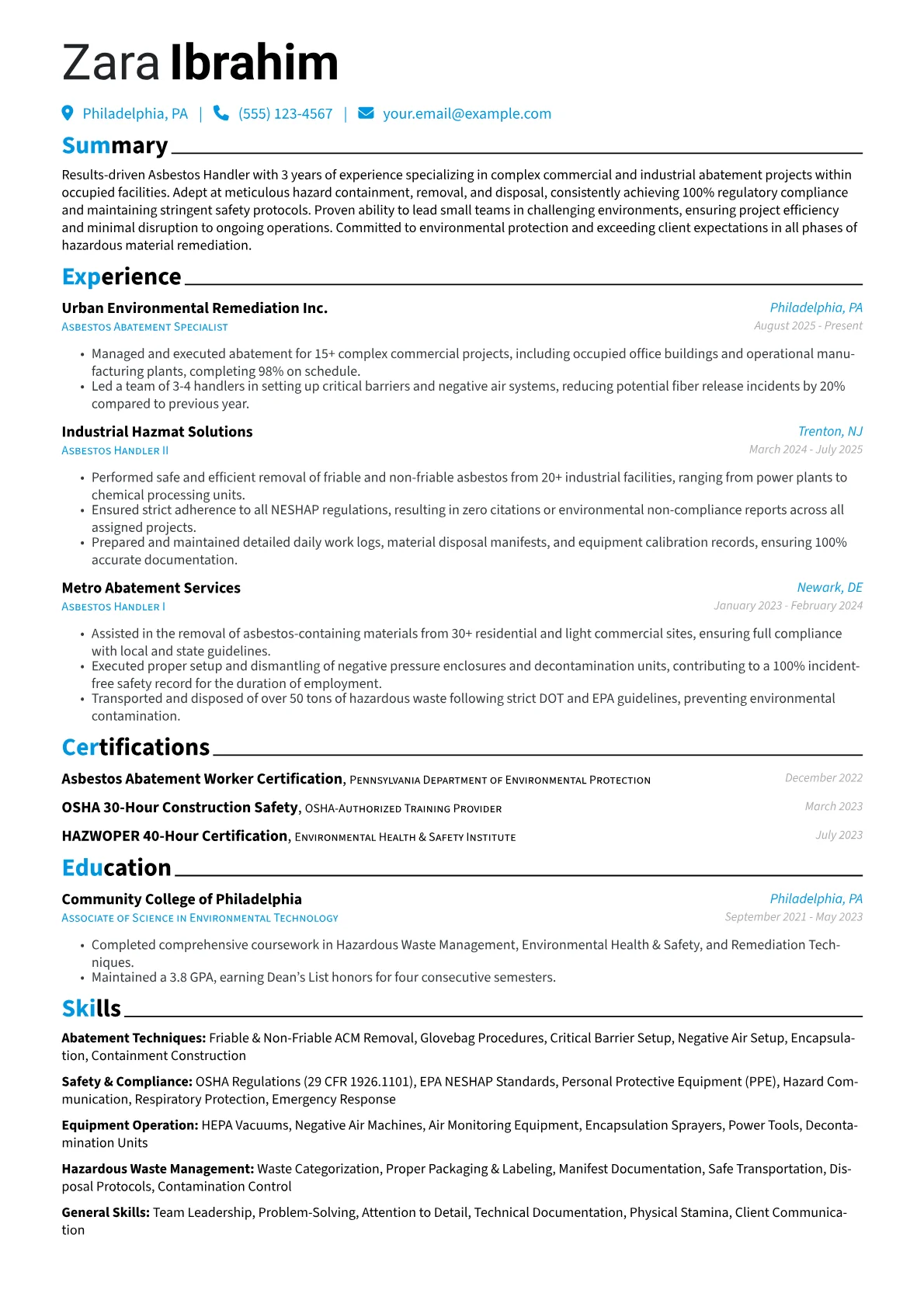 Asbestos Handler resume example, Asbestos Handler, page 1