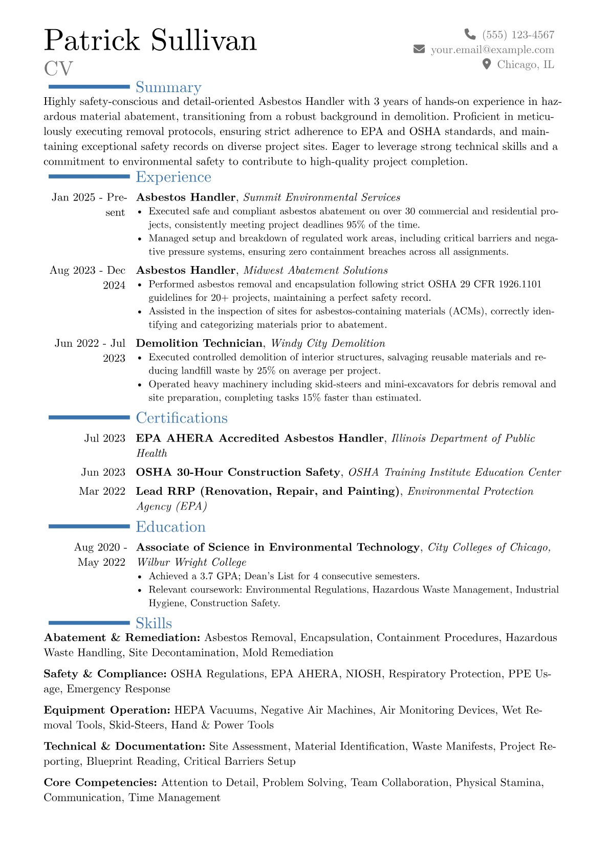 Asbestos Handler resume example, Career changer, page 1