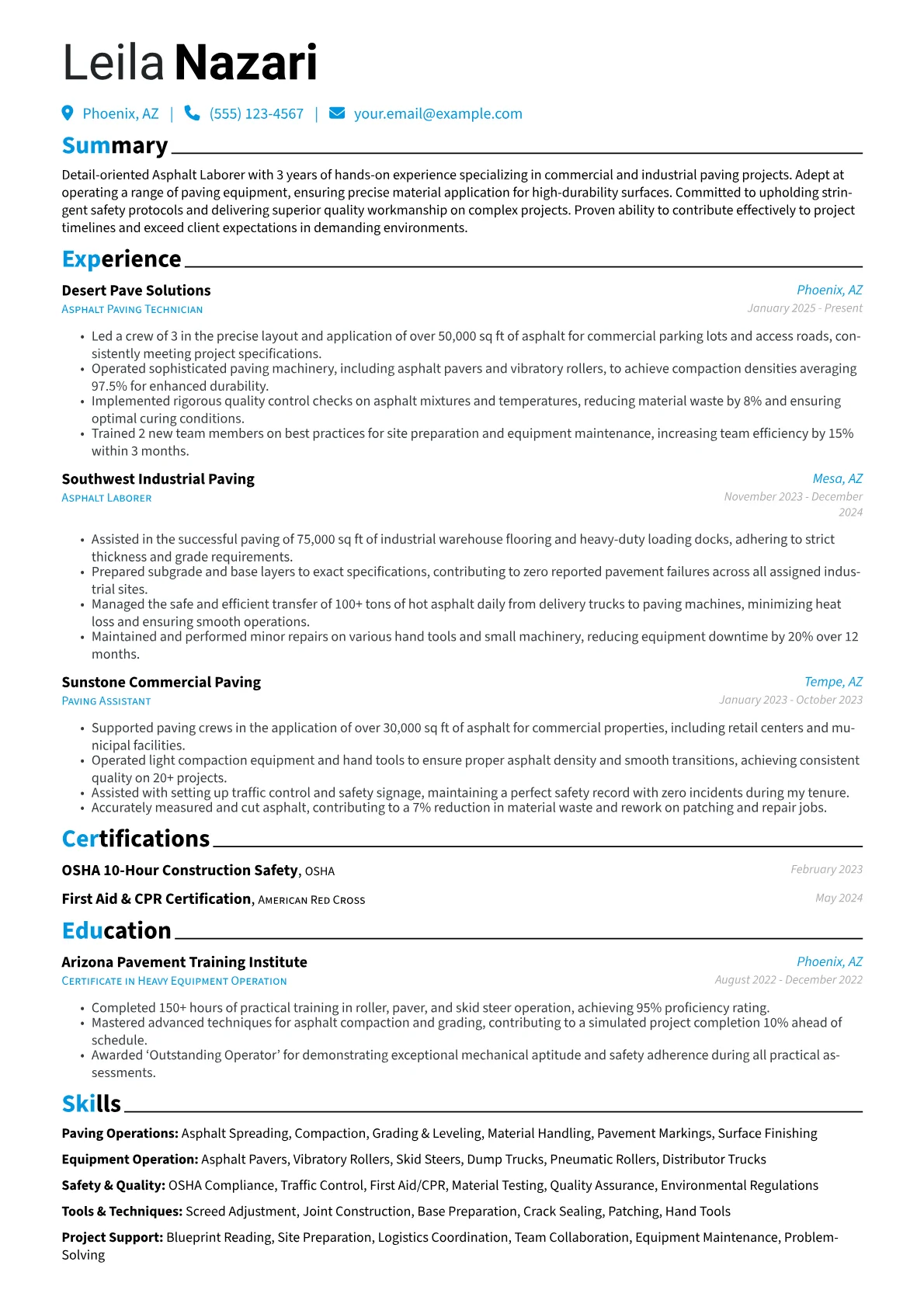 Asphalt Laborer resume example, Asphalt Laborer, page 1