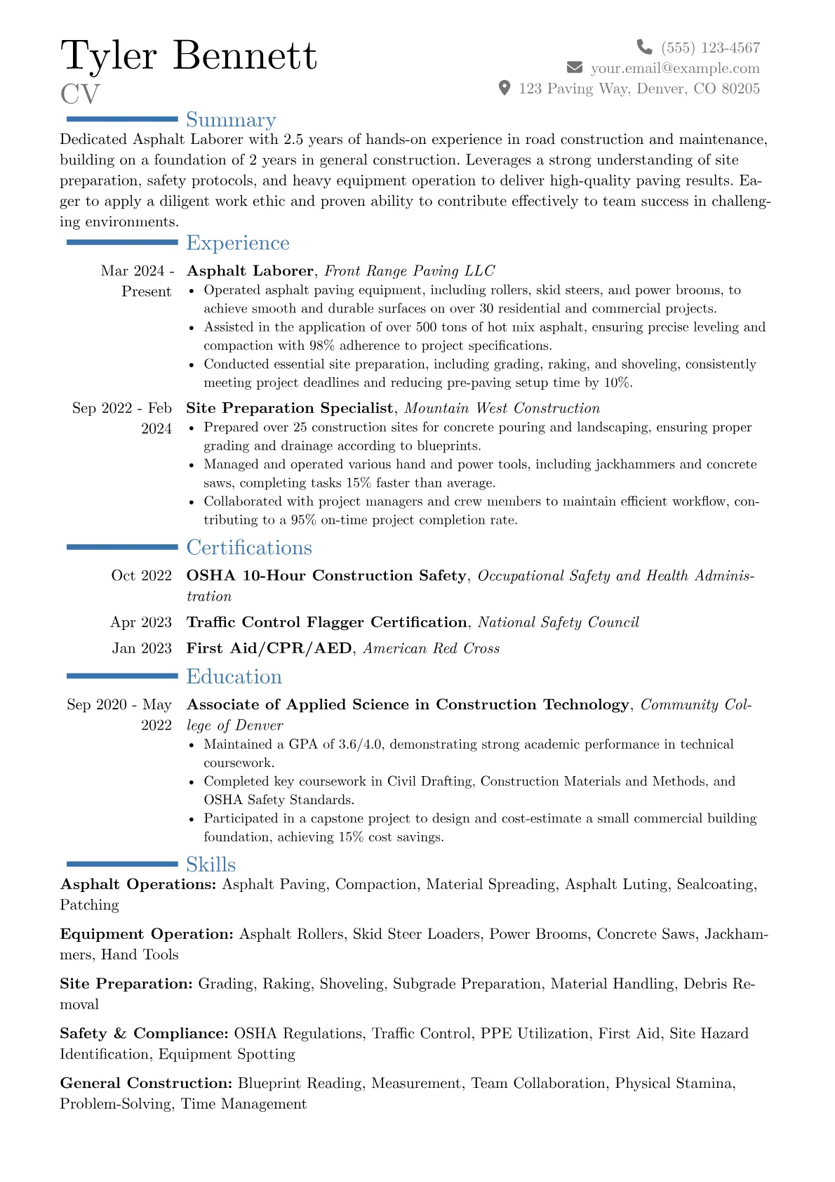 Asphalt Laborer resume example, Career changer, page 1