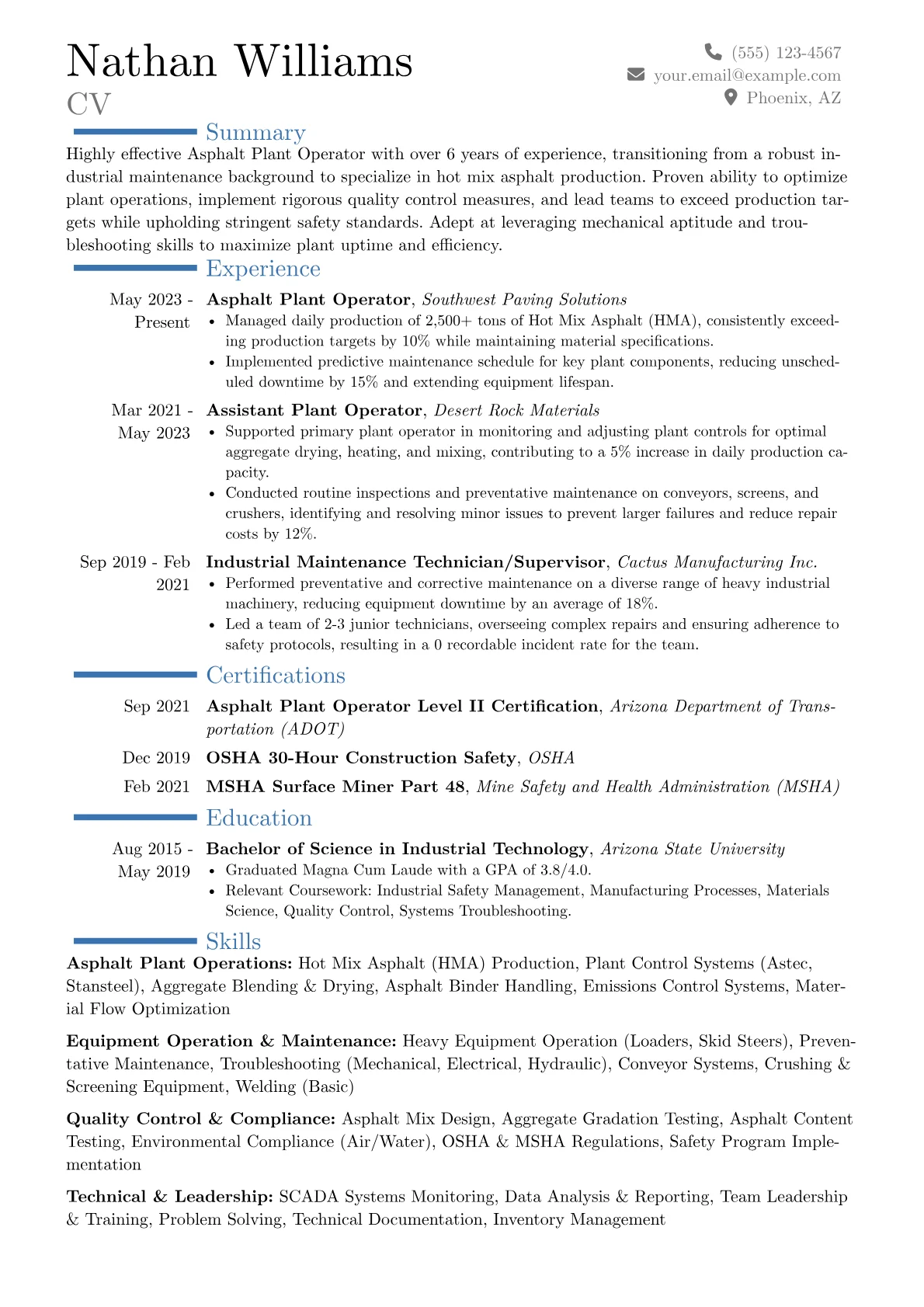 Asphalt Plant Operator resume example, Career changer, page 1