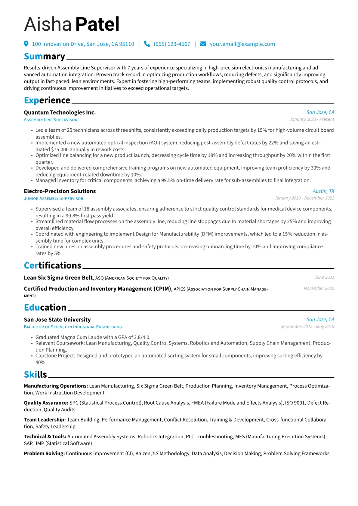 Assembly Line Supervisor resume example, High-Precision Electronics, page 1