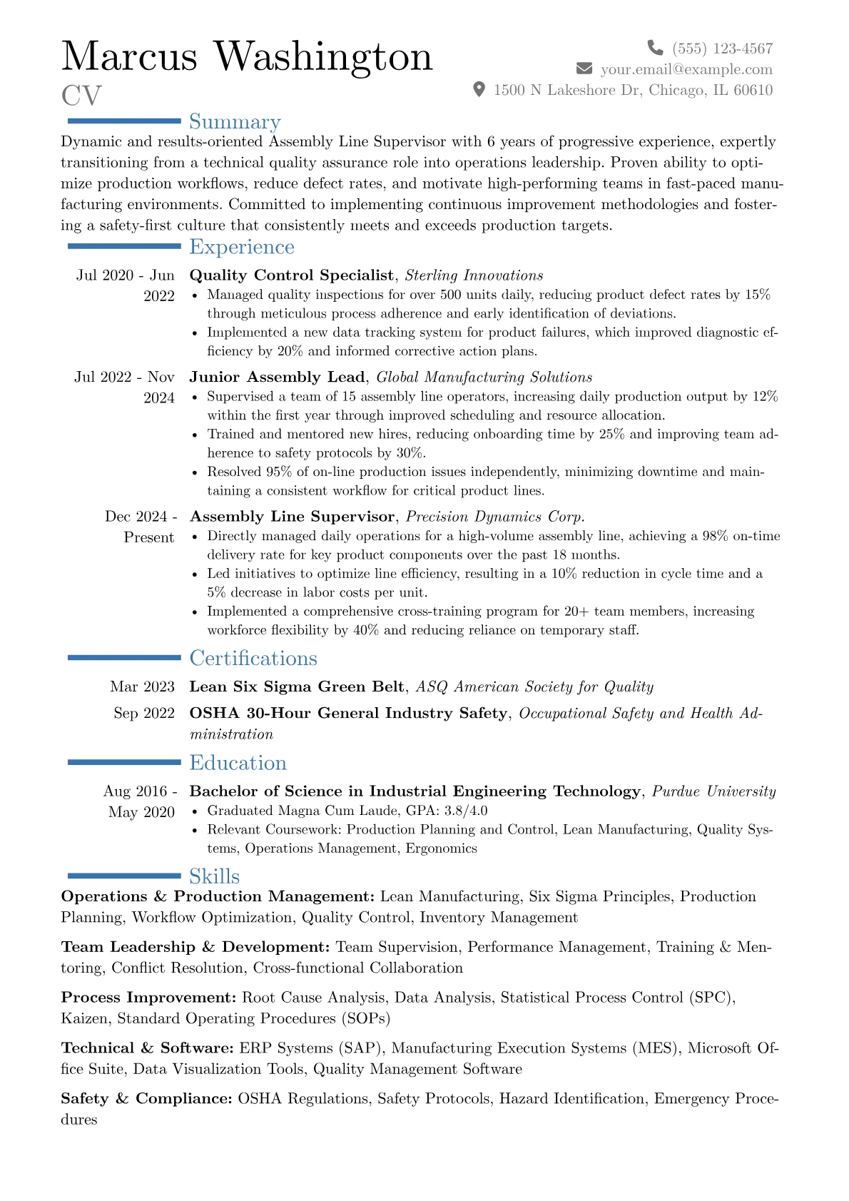 Assembly Line Supervisor resume example, Career changer, page 1