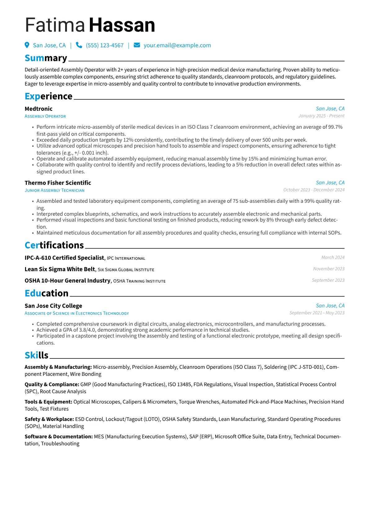 Assembly Operator resume example, Medical Device Assembly, page 1