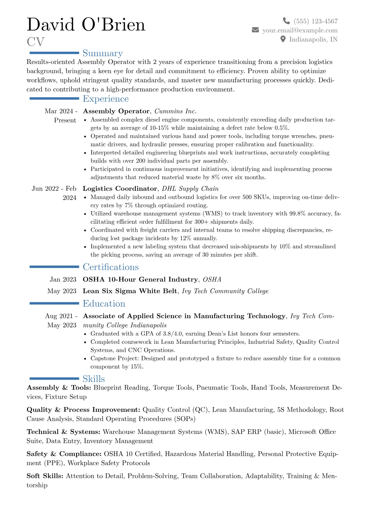 Assembly Operator resume example, Career changer, page 1