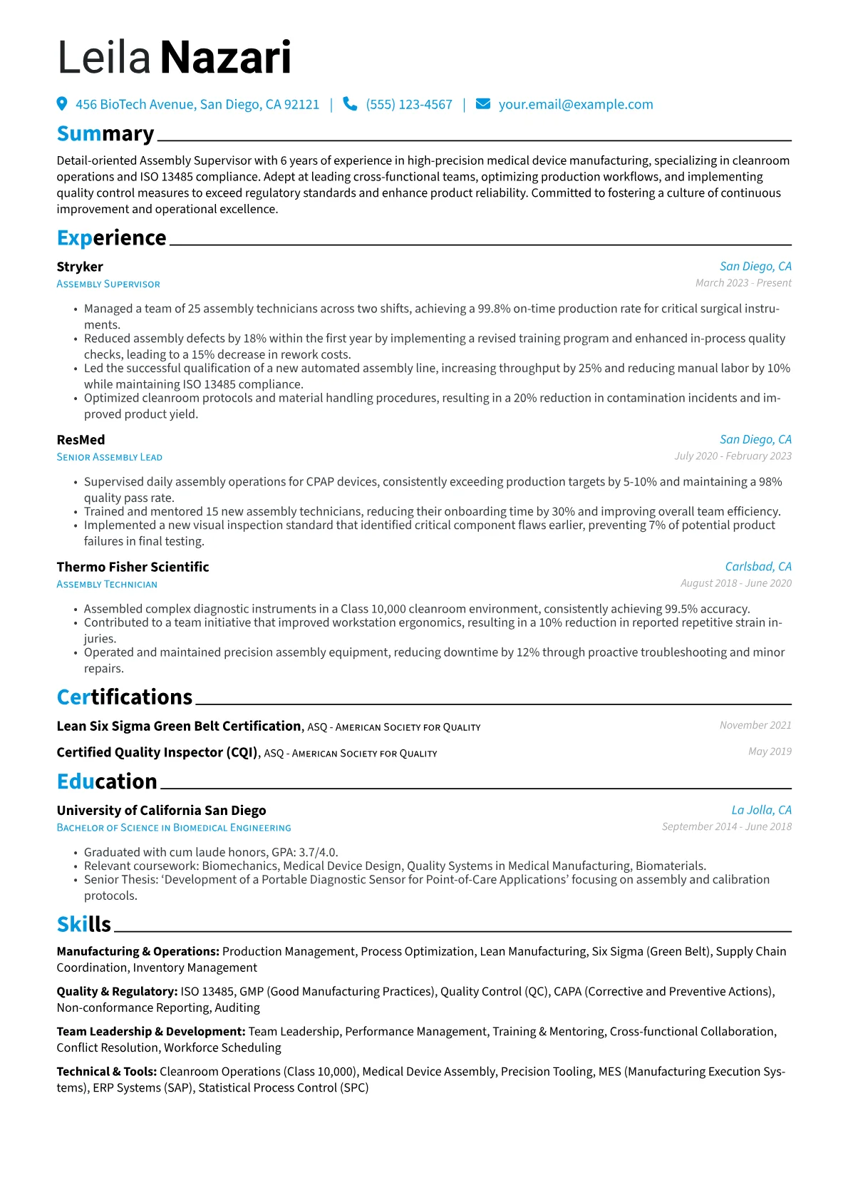 Assembly Supervisor resume example, Medical Device Assembly, page 1