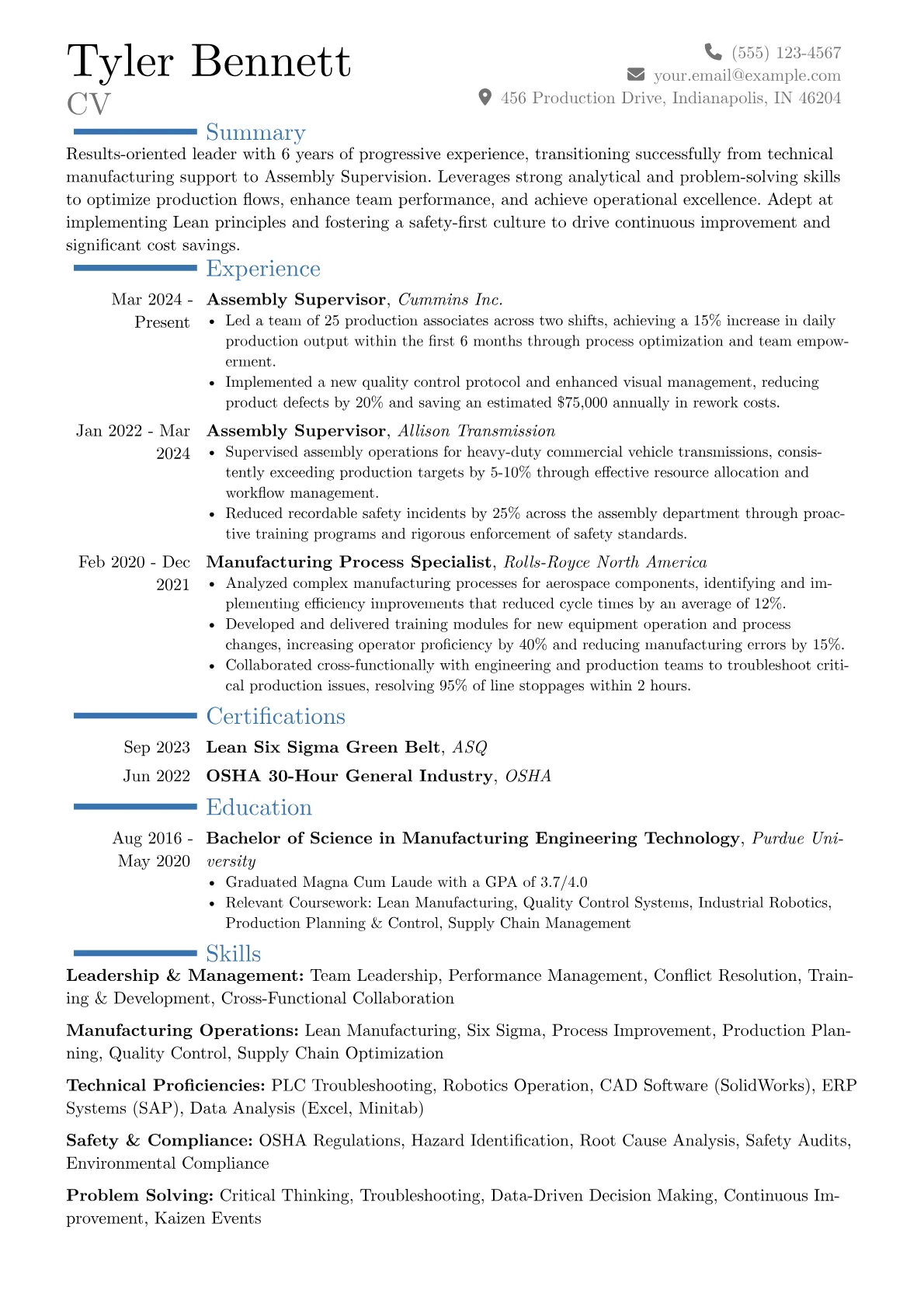 Assembly Supervisor resume example, Career changer, page 1