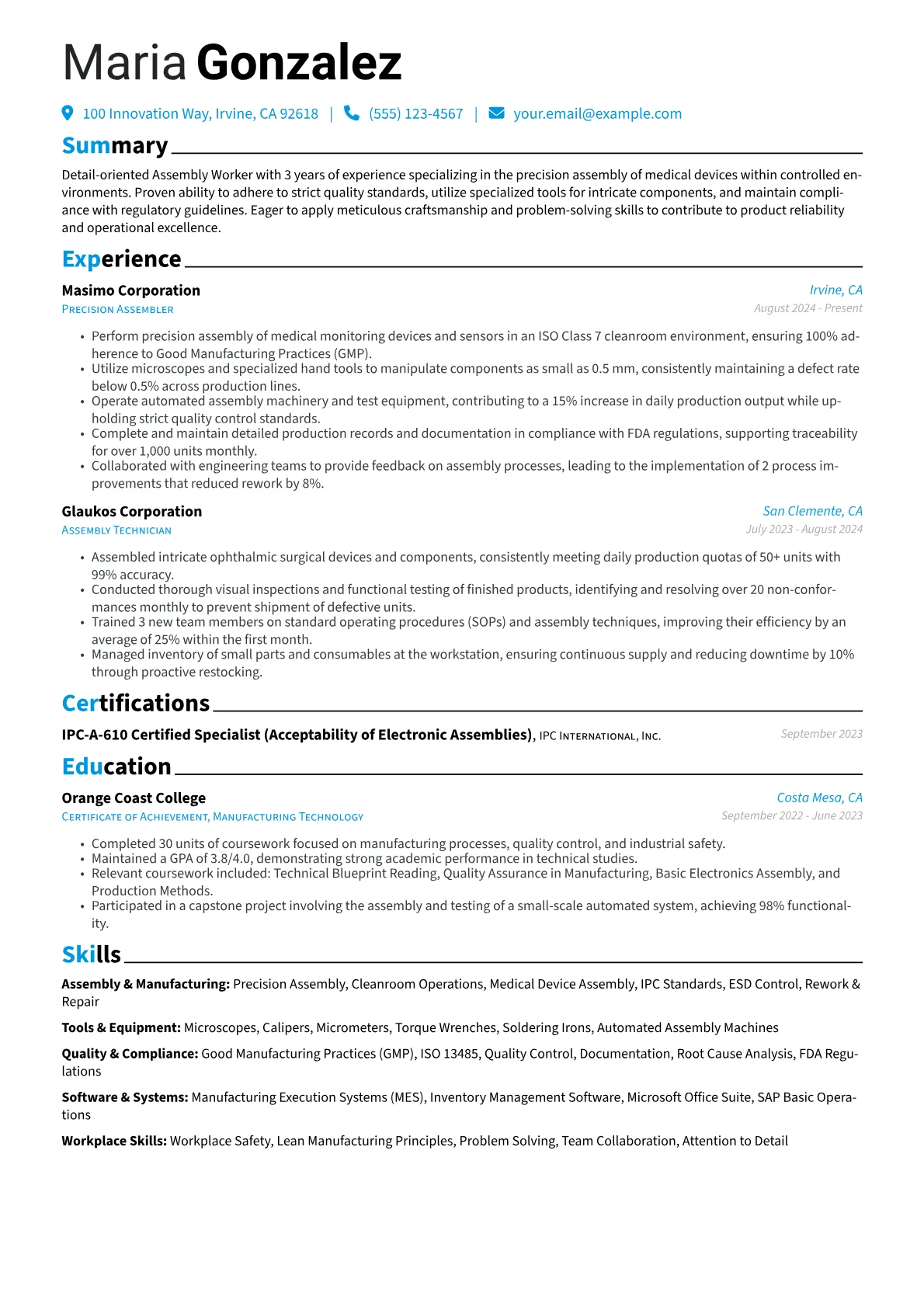 Assembly Worker resume example, Precision Medical Device, page 1
