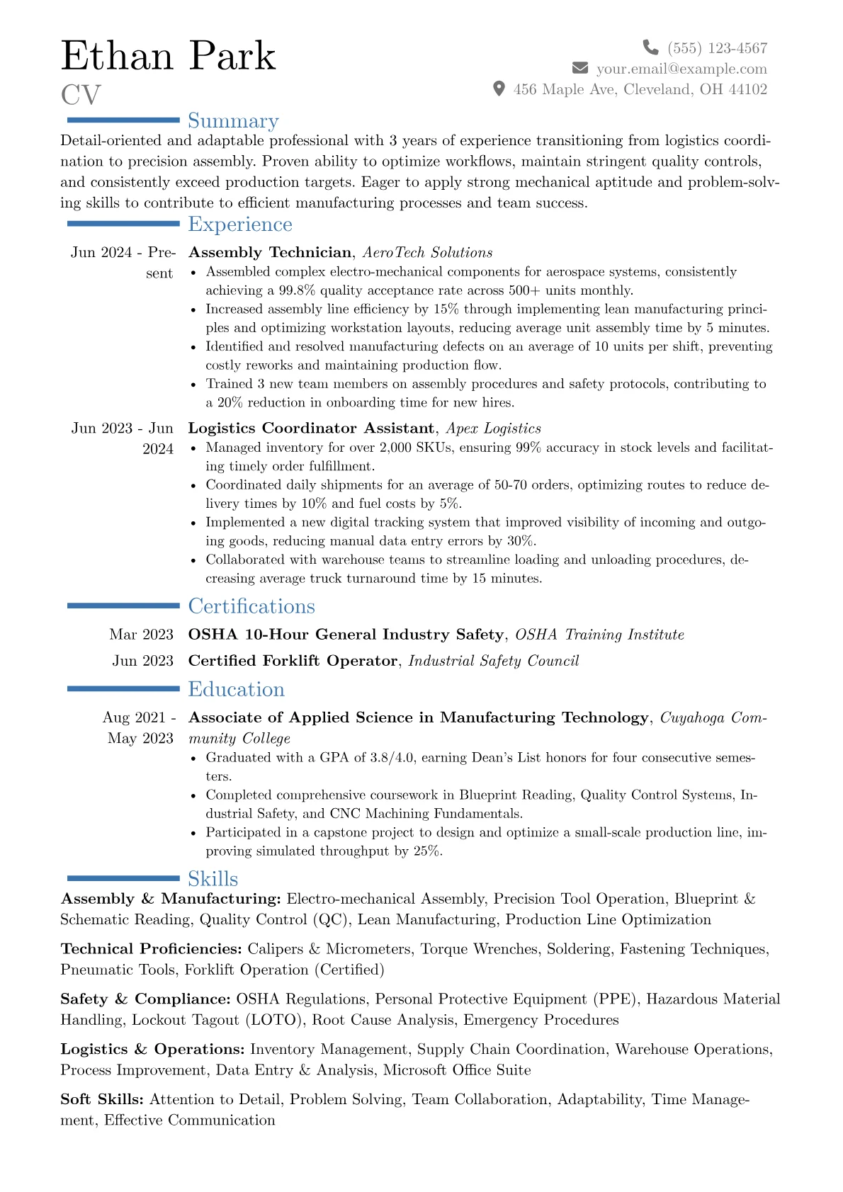 Assembly Worker resume example, Career changer, page 1