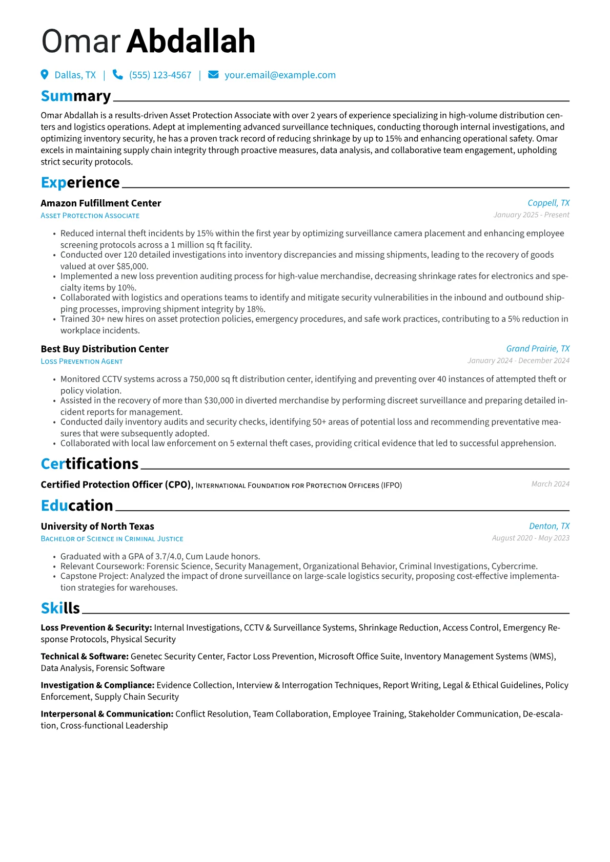 Asset Protection Associate resume example, Loss Prevention & Security, page 1