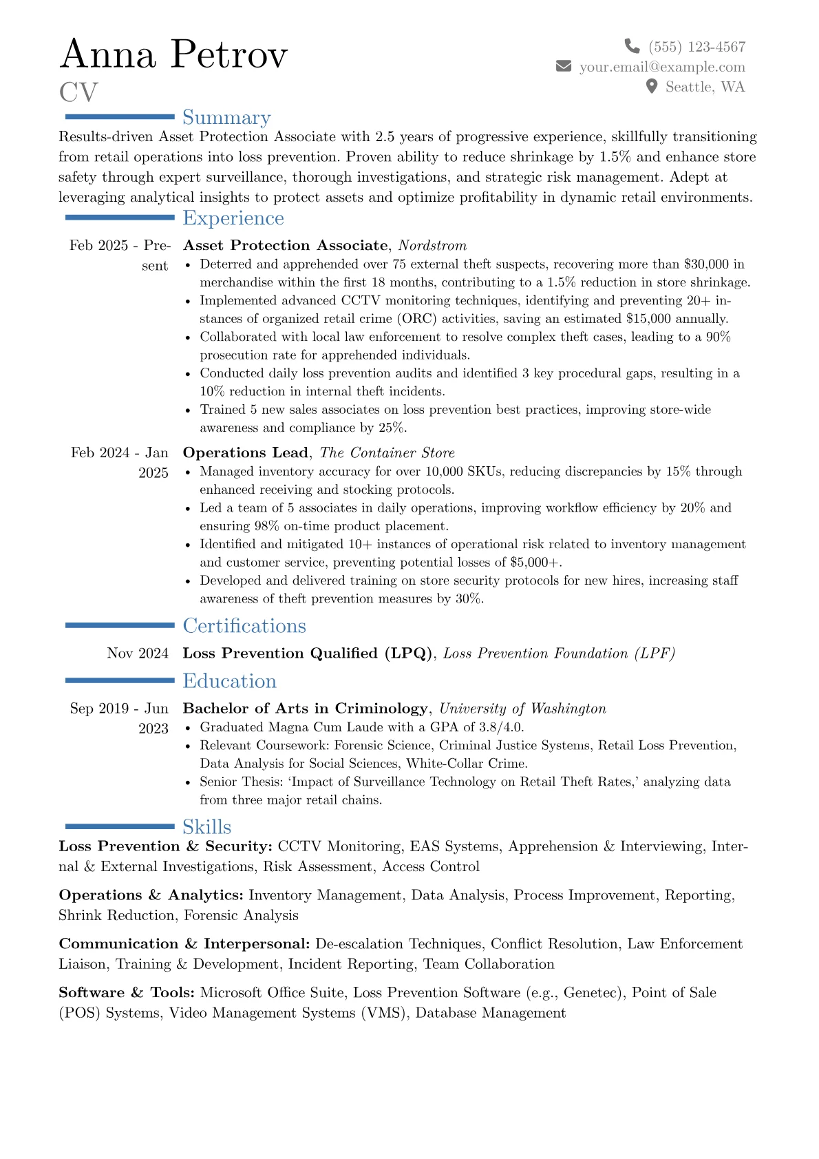 Asset Protection Associate resume example, Career changer, page 1