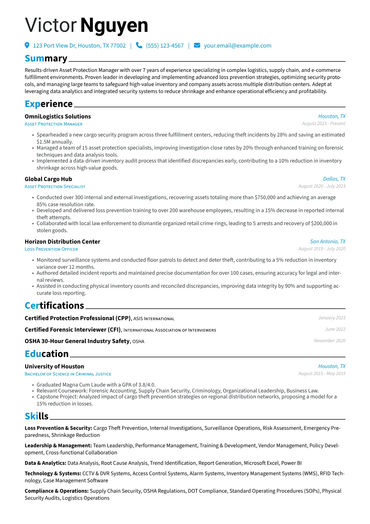 Asset Protection Manager resume example, Logistics & Supply Chain, page 1