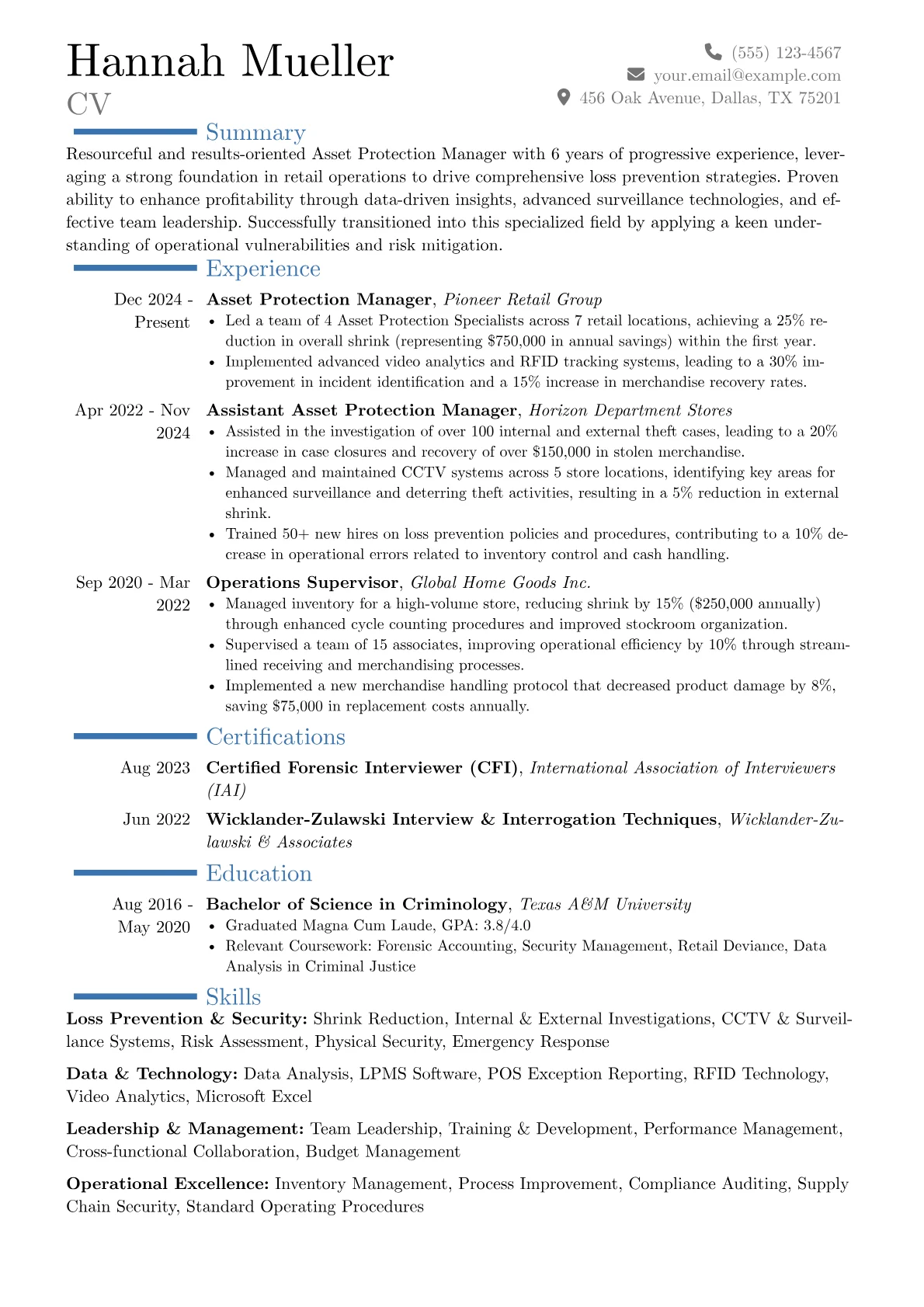 Asset Protection Manager resume example, Career changer, page 1