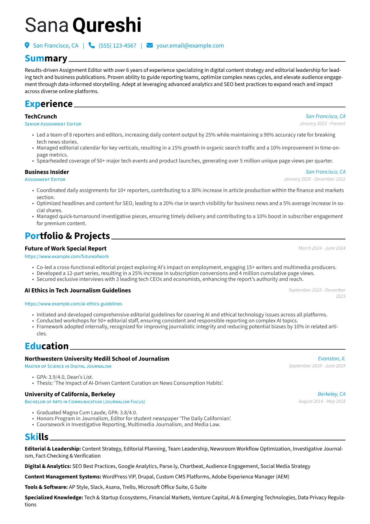 Assignment Editor resume example, Digital Tech & Business, page 1