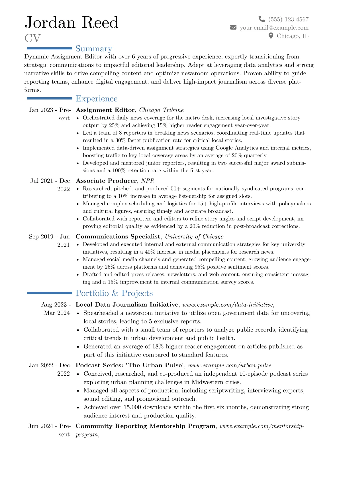 Assignment Editor resume example, Career changer, page 1