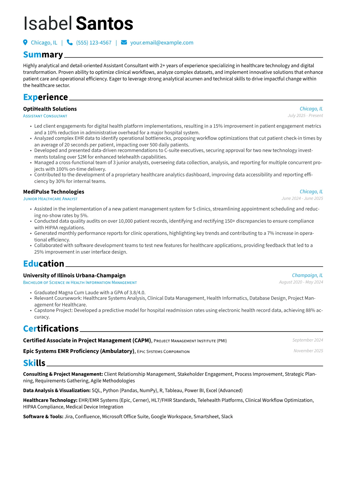 Assistant Consultant resume example, Healthcare Technology, page 1