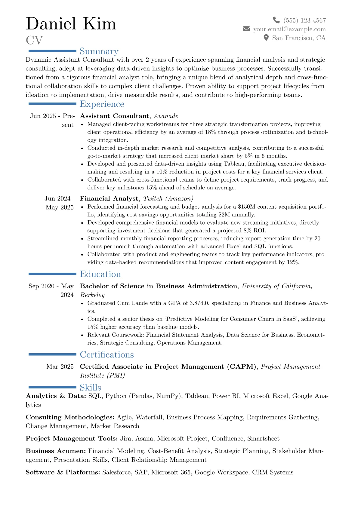 Assistant Consultant resume example, Career changer, page 1