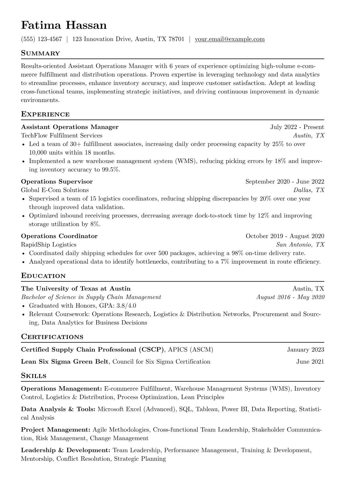 Assistant Operations Manager resume example, E-commerce Fulfillment, page 1