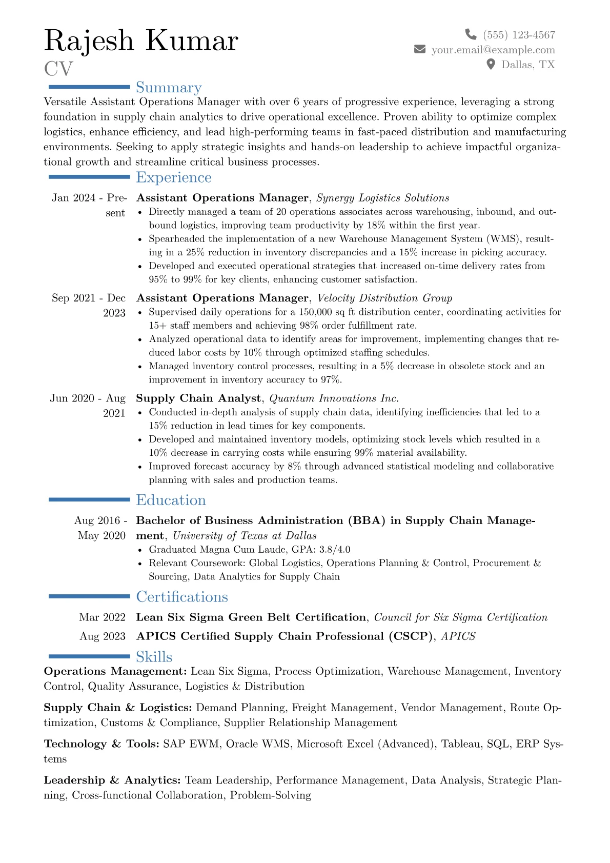Assistant Operations Manager resume example, Career changer, page 1