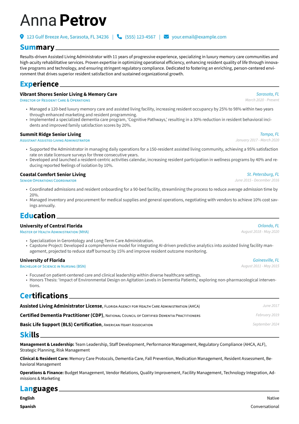 Assisted Living Administrator resume example, Management & Leadership, page 1