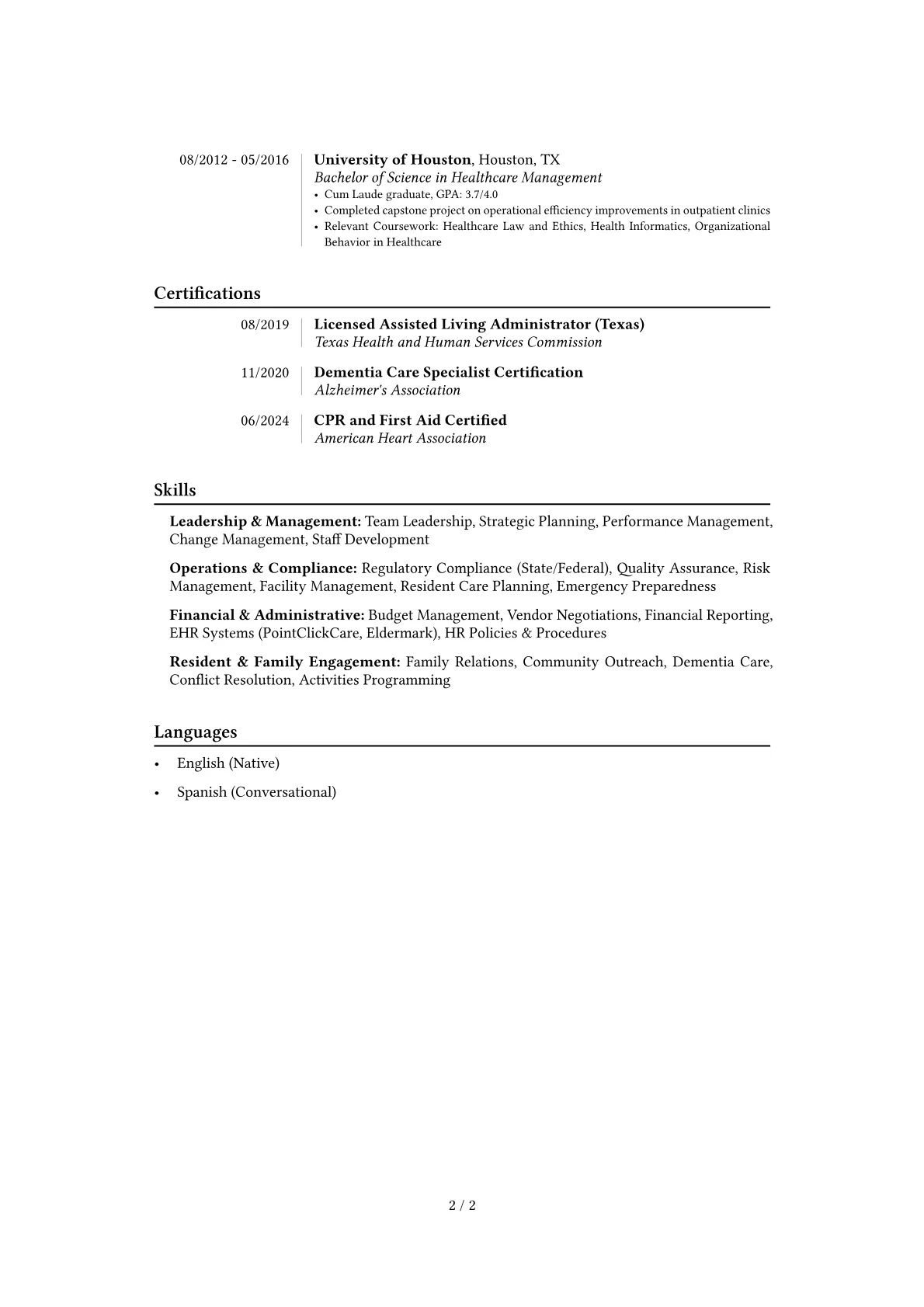 Assisted Living Administrator resume example, Career changer, page 2