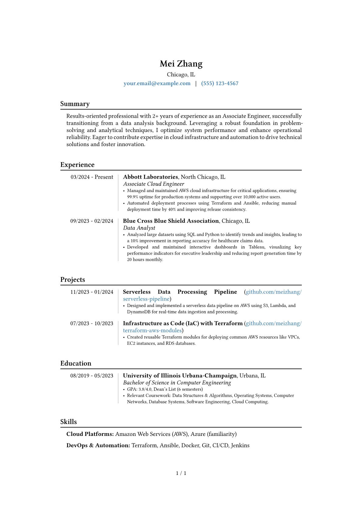 Associate Engineer resume example, Career changer, page 1
