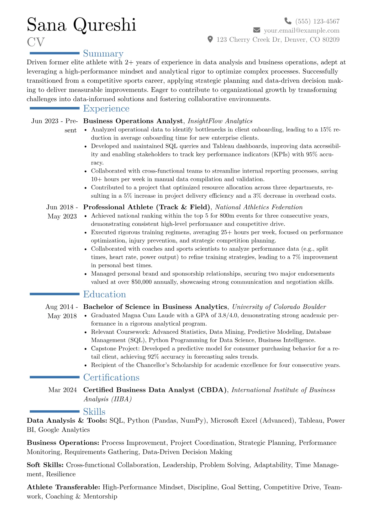 Athlete Career Transition resume example, Career changer, page 1