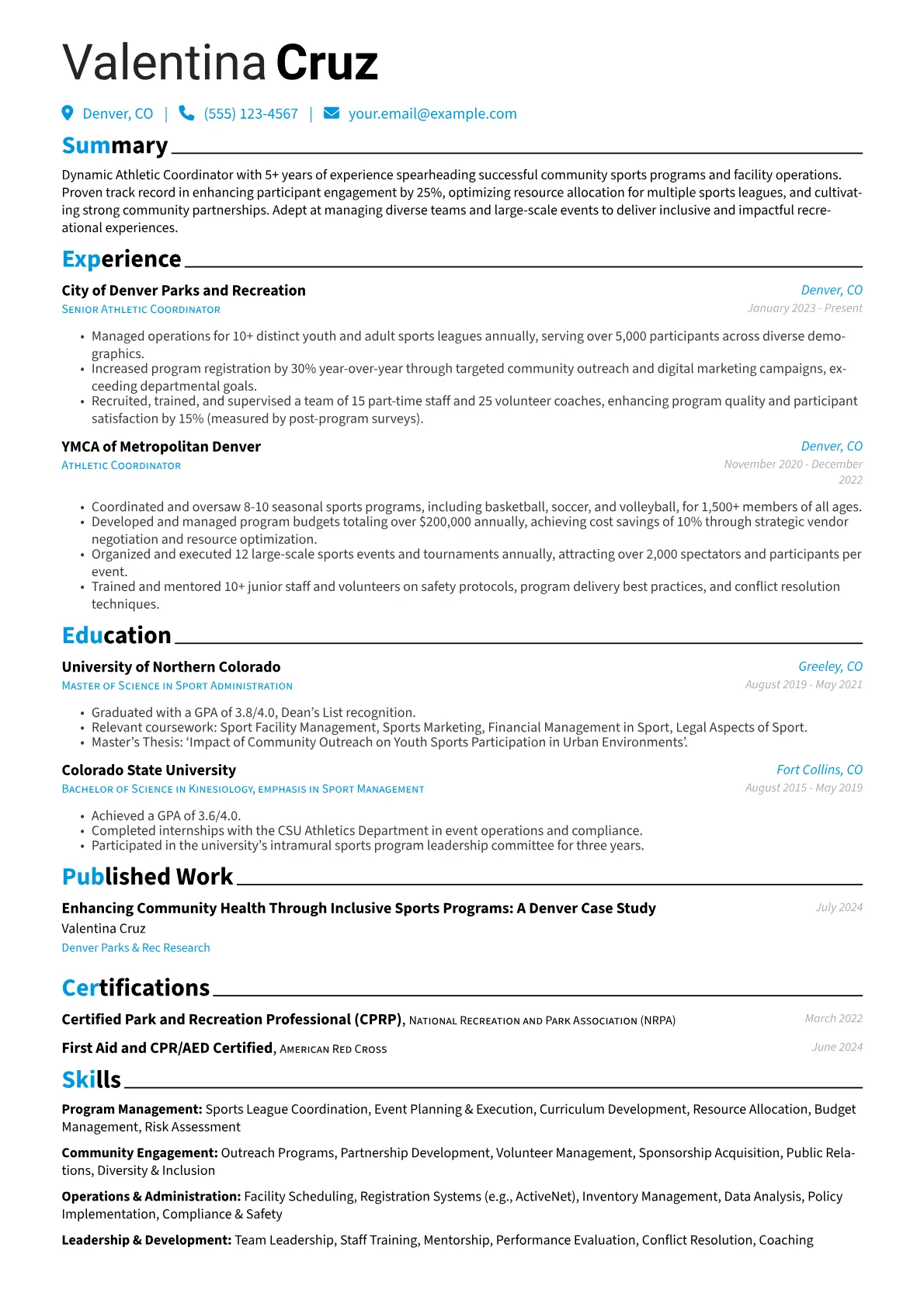 Athletic Coordinator resume example, Community Recreation Focus, page 1