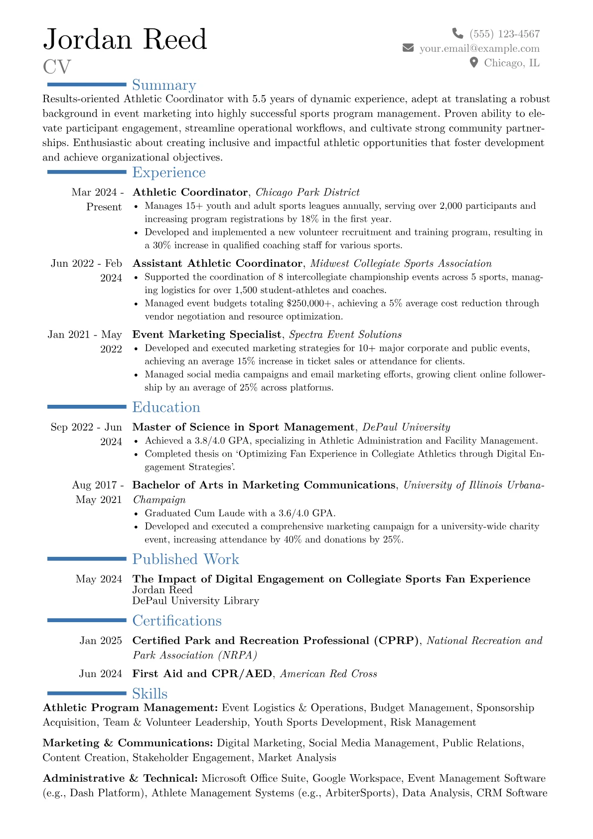 Athletic Coordinator resume example, Career changer, page 1