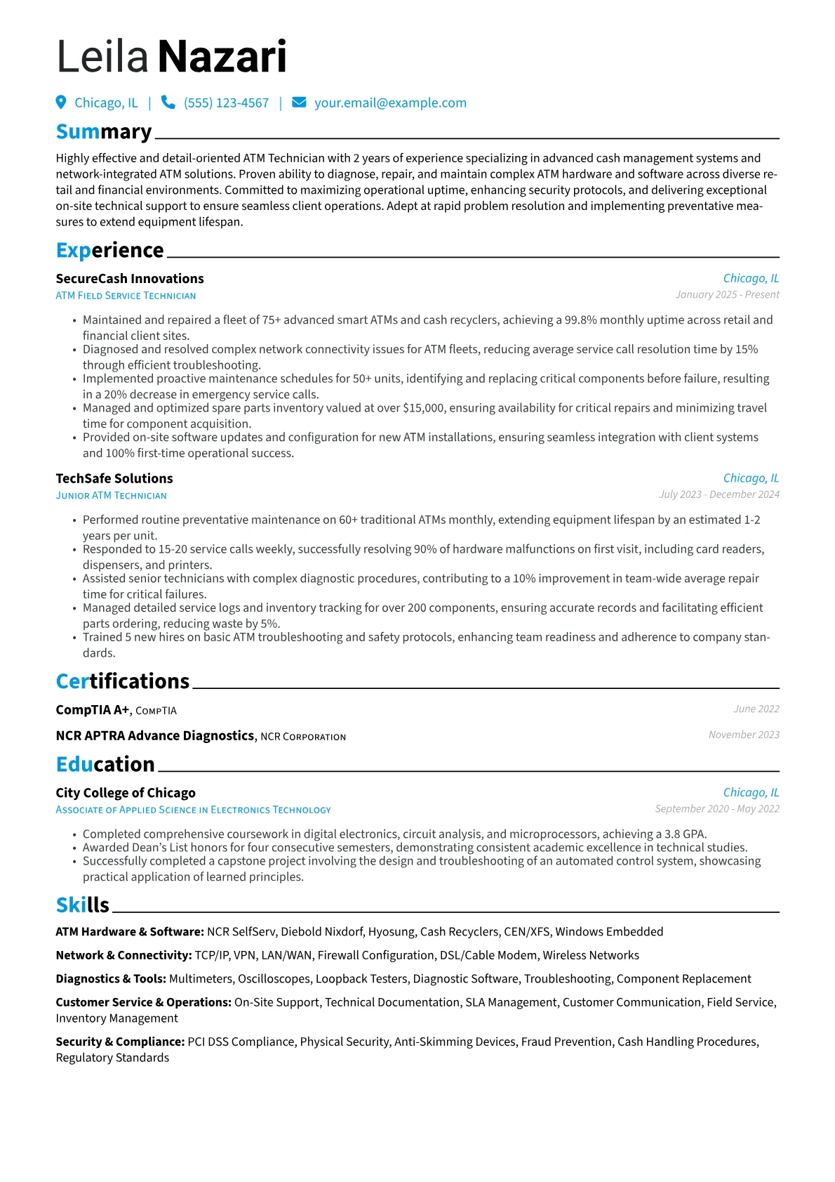 ATM Technician resume example, Advanced Cash Management, page 1