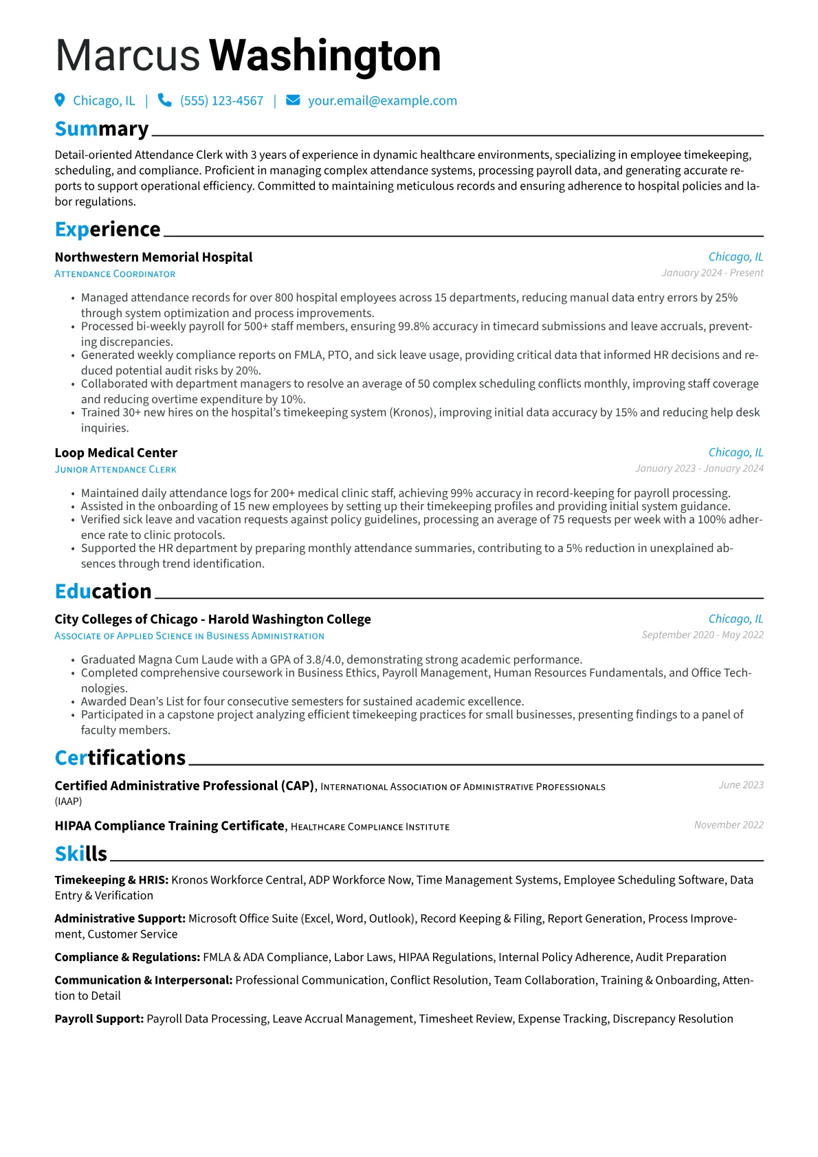 Attendance Clerk resume example, Healthcare Focus, page 1