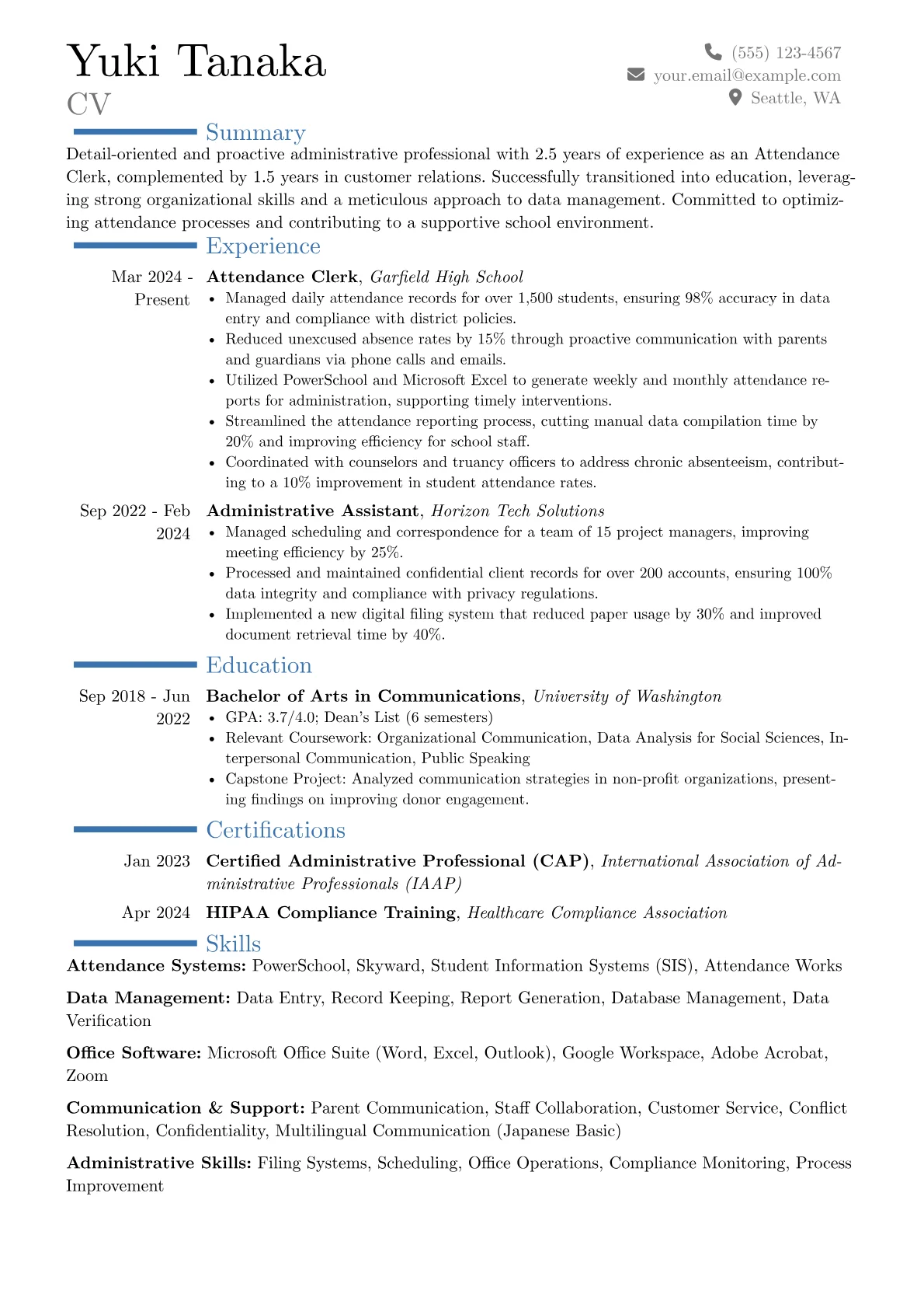 Attendance Clerk resume example, Career changer, page 1