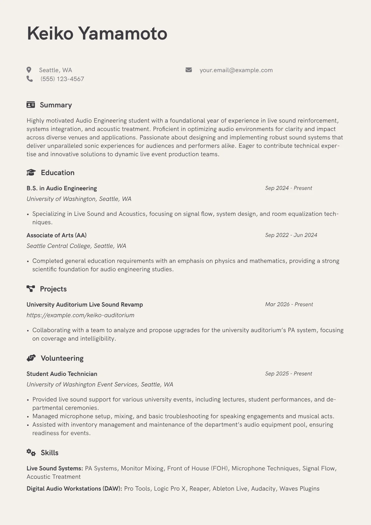 Audio Engineering Student resume example, Audio Engineering Student, page 1