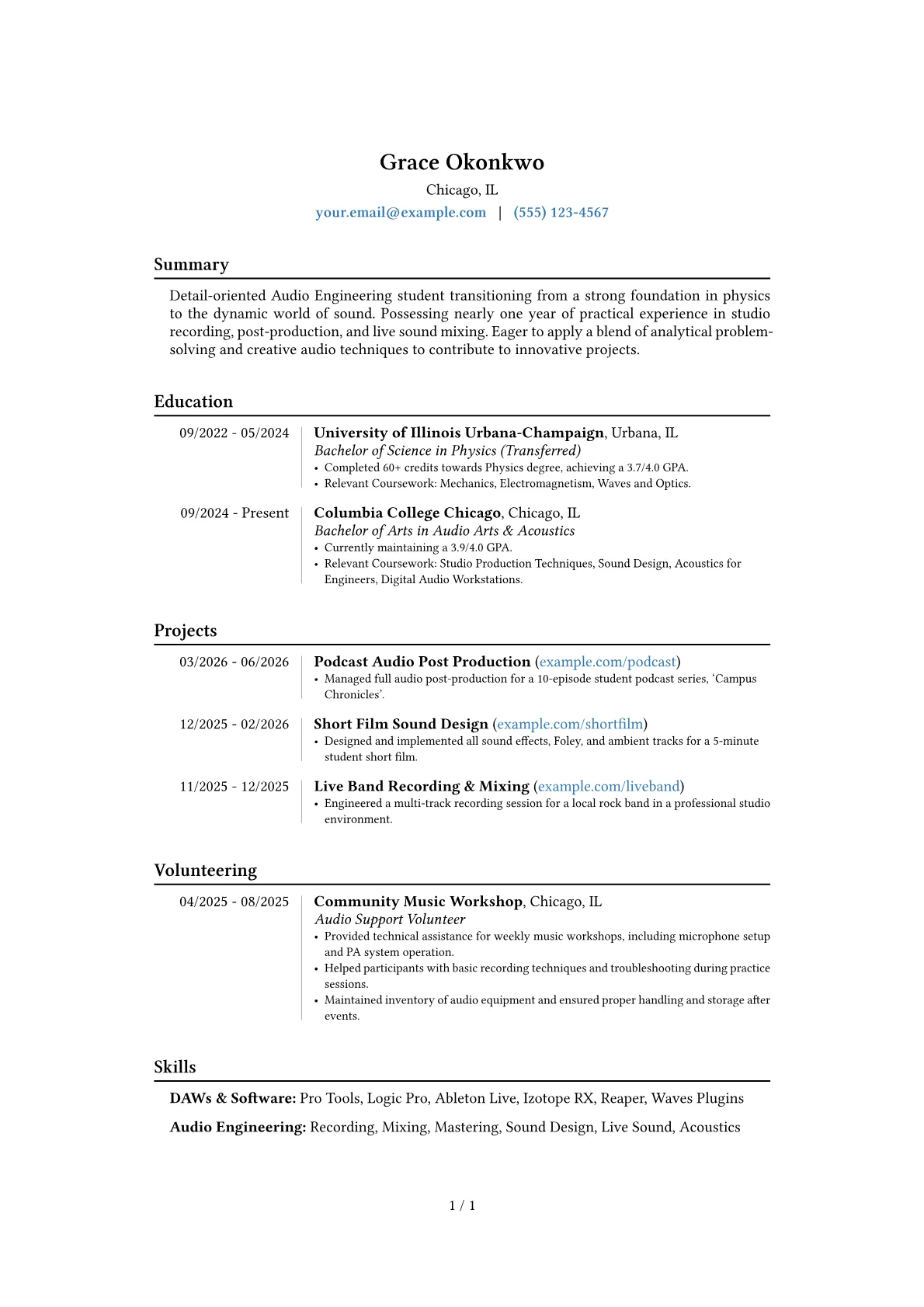 Audio Engineering Student resume example, Career changer, page 1