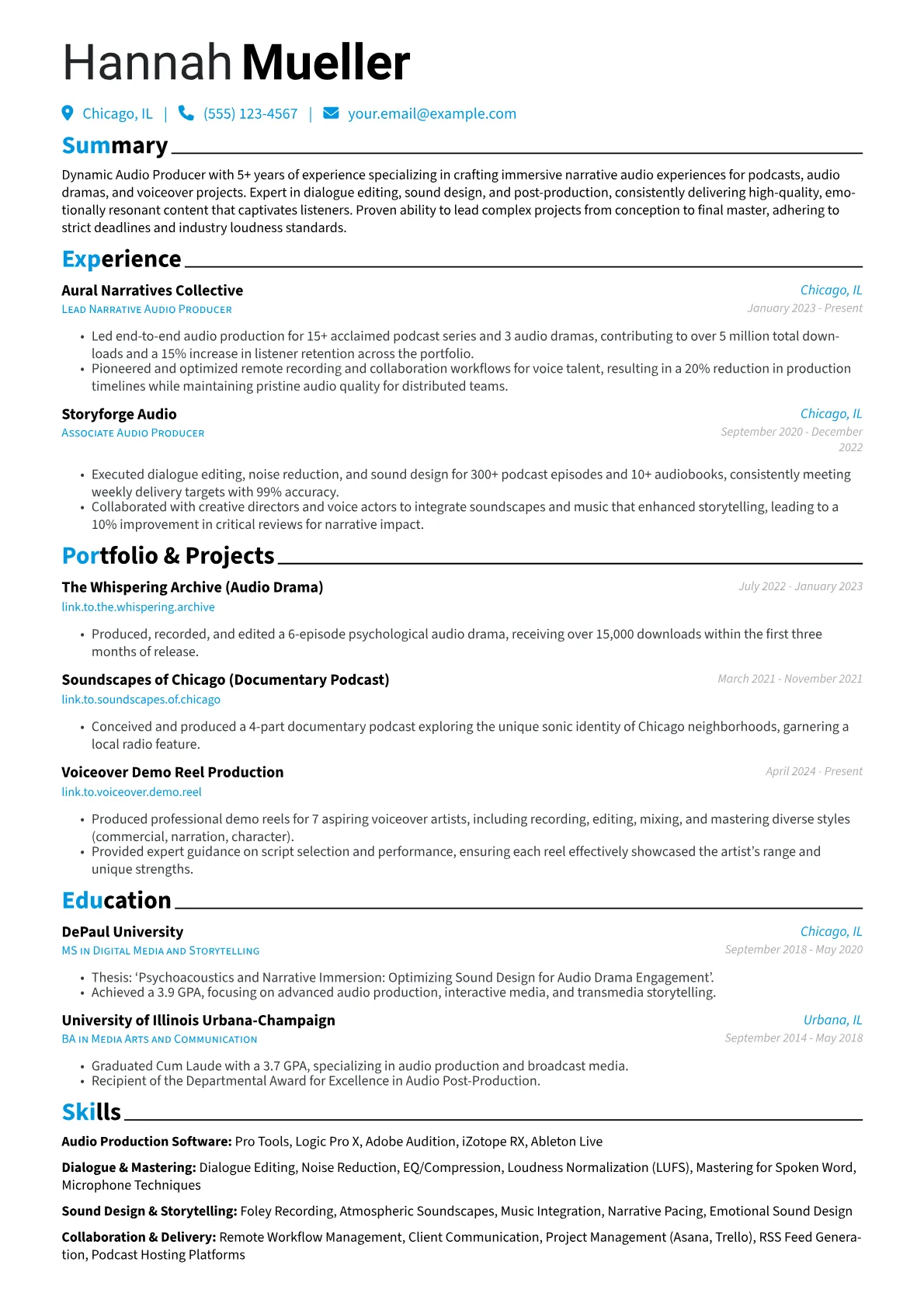 Audio Producer resume example, Narrative Audio Producer, page 1
