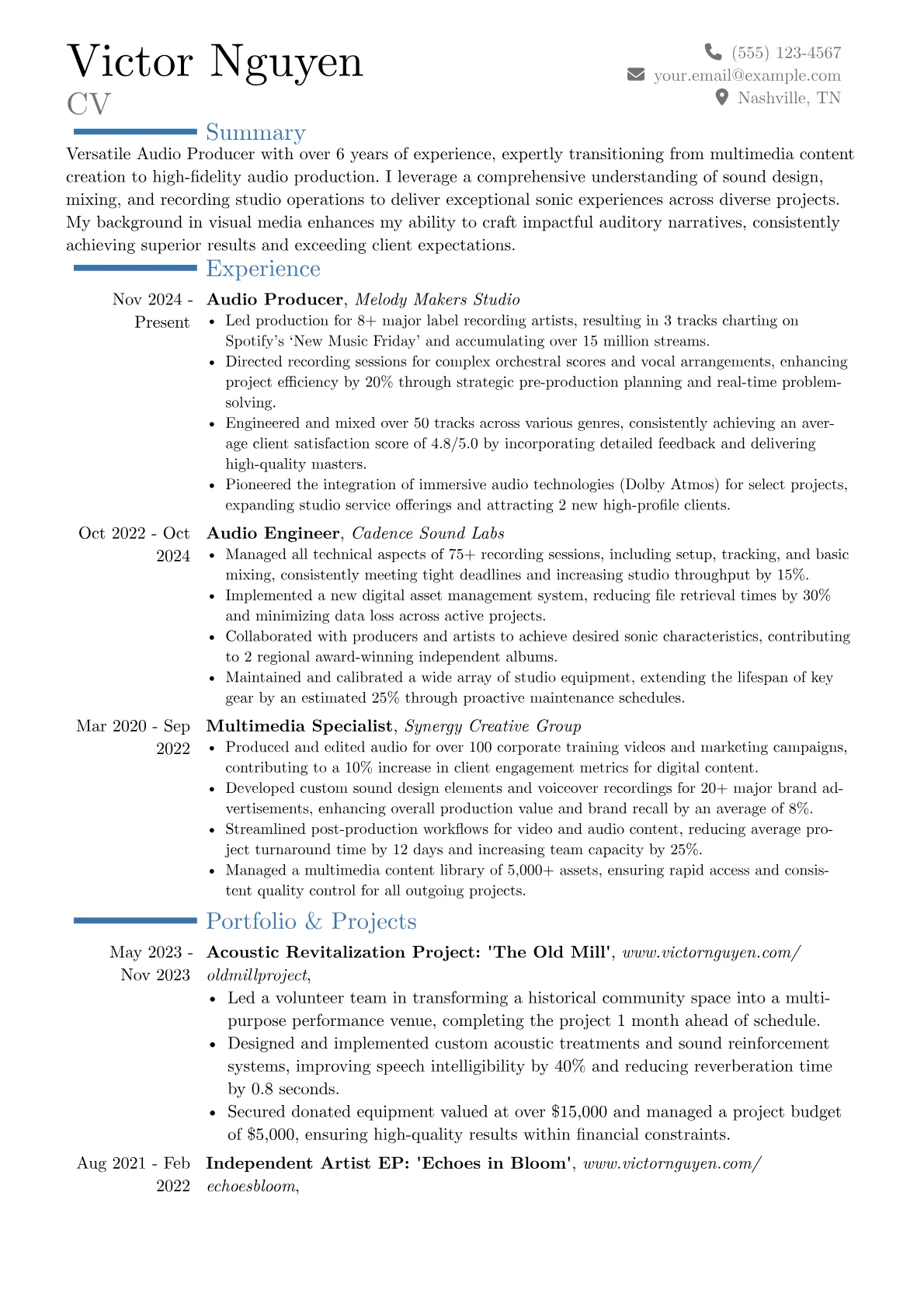 Audio Producer resume example, Career changer, page 1