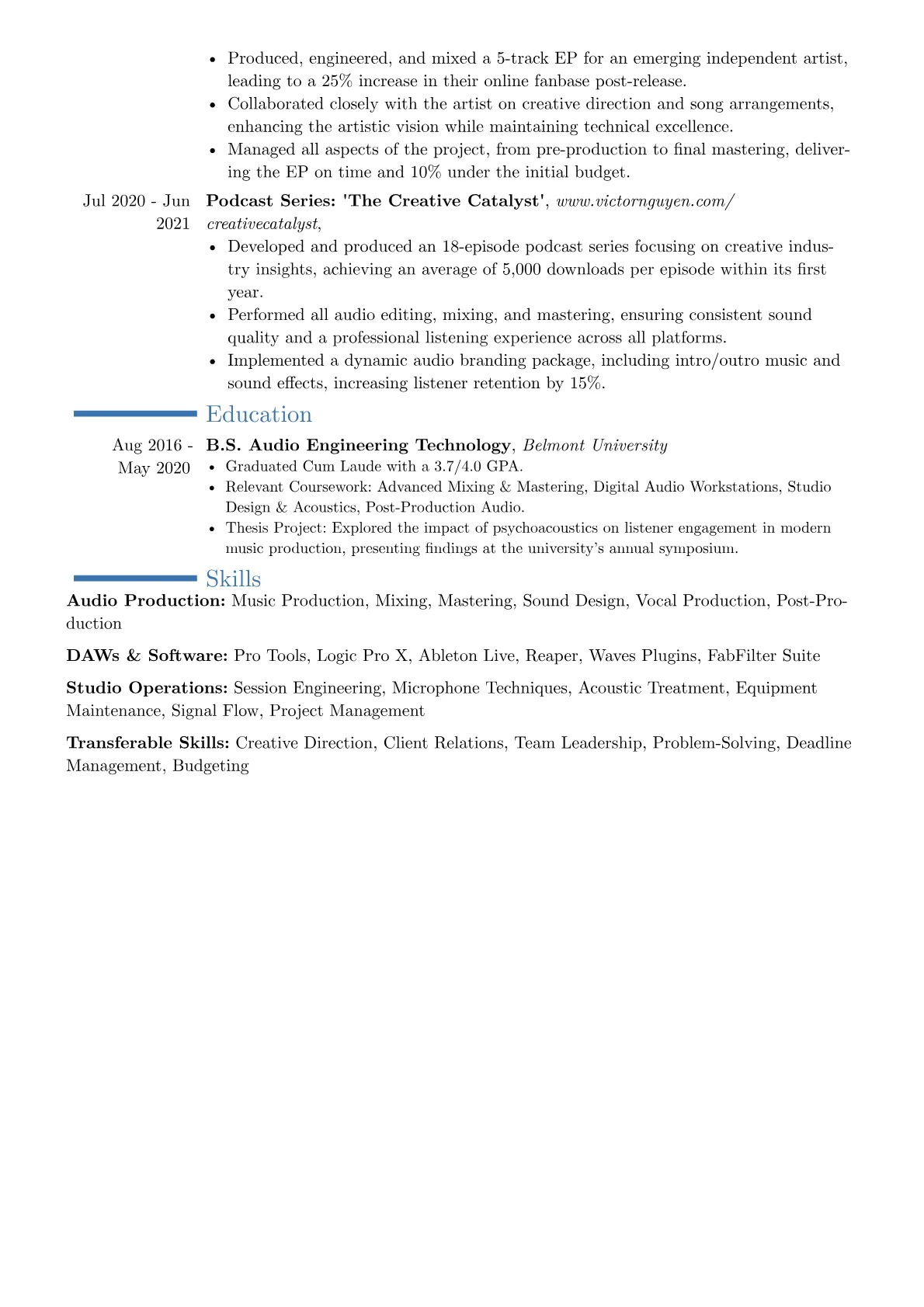 Audio Producer resume example, Career changer, page 2