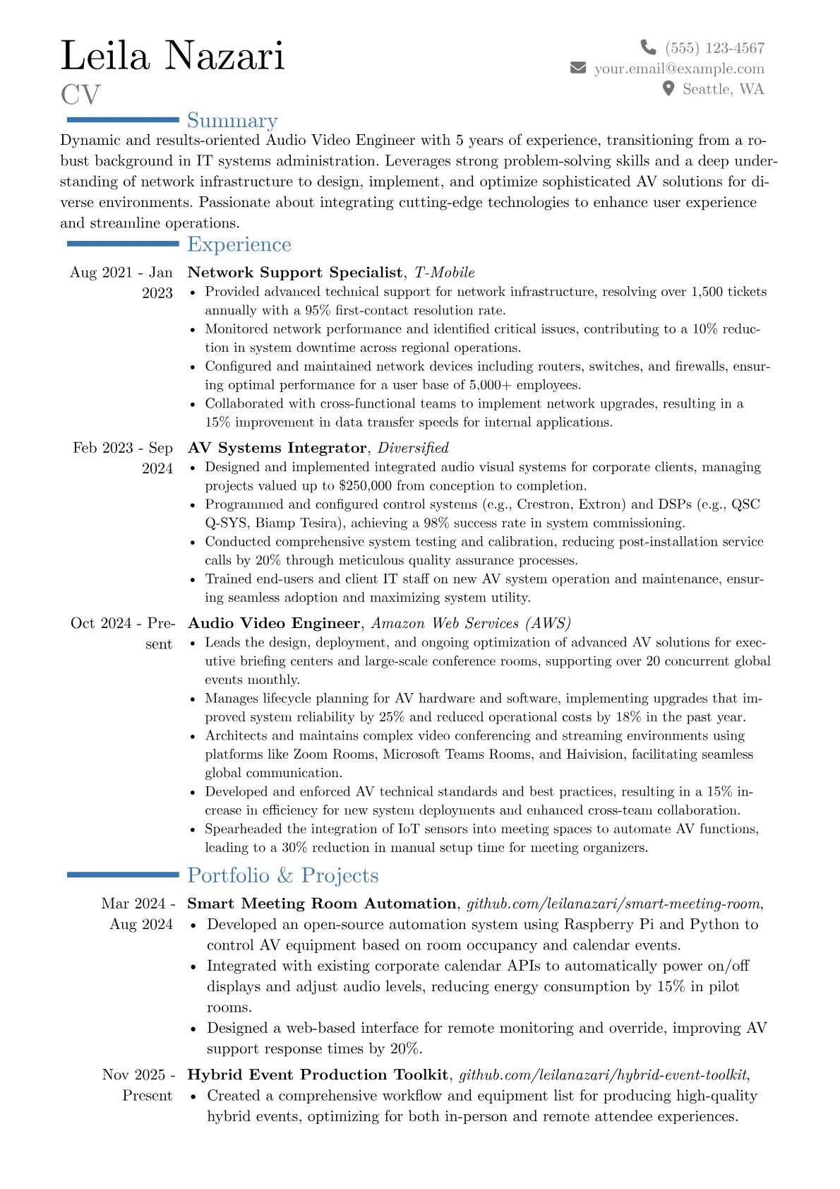 Audio Video Engineer resume example, Career changer, page 1