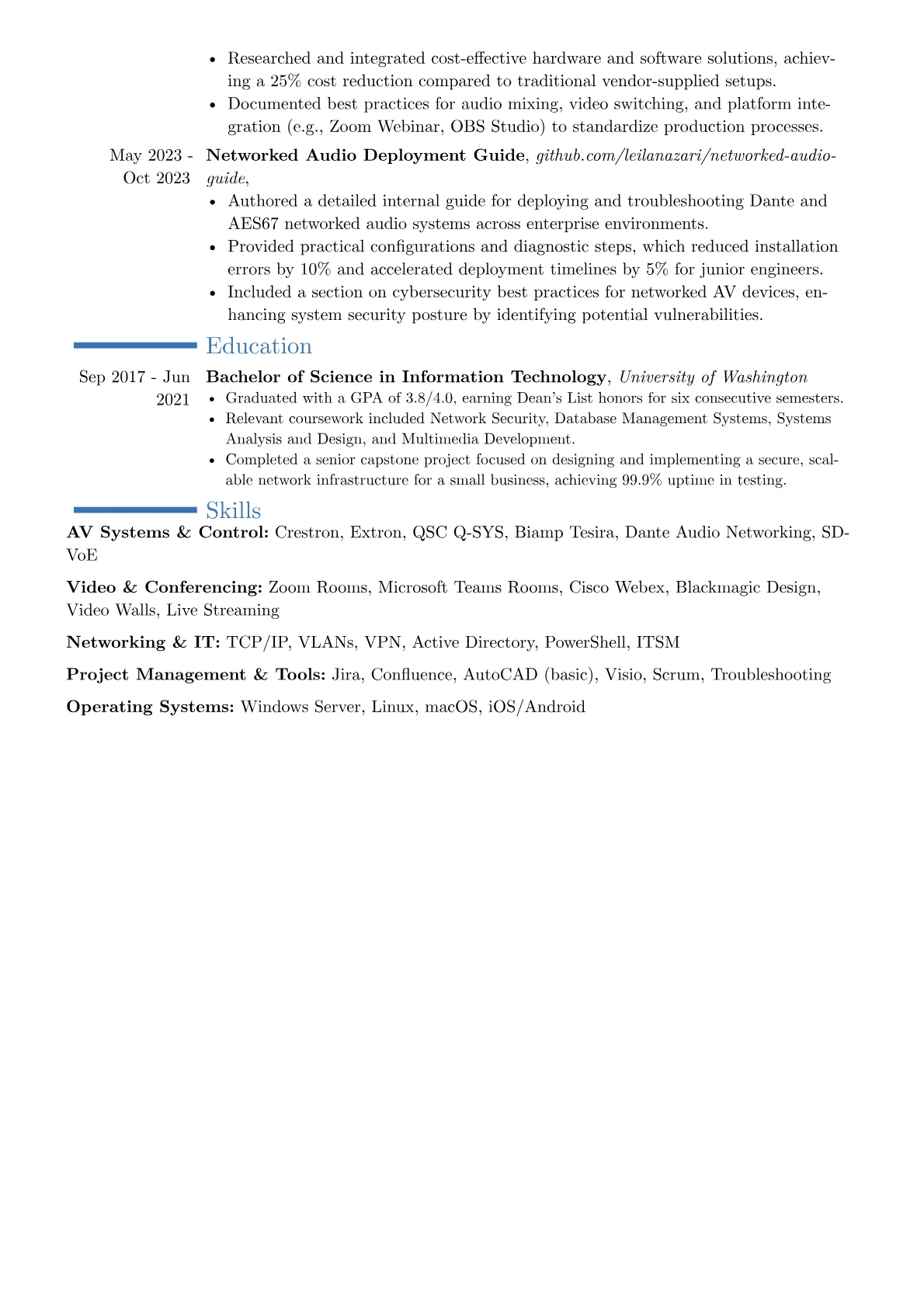 Audio Video Engineer resume example, Career changer, page 2