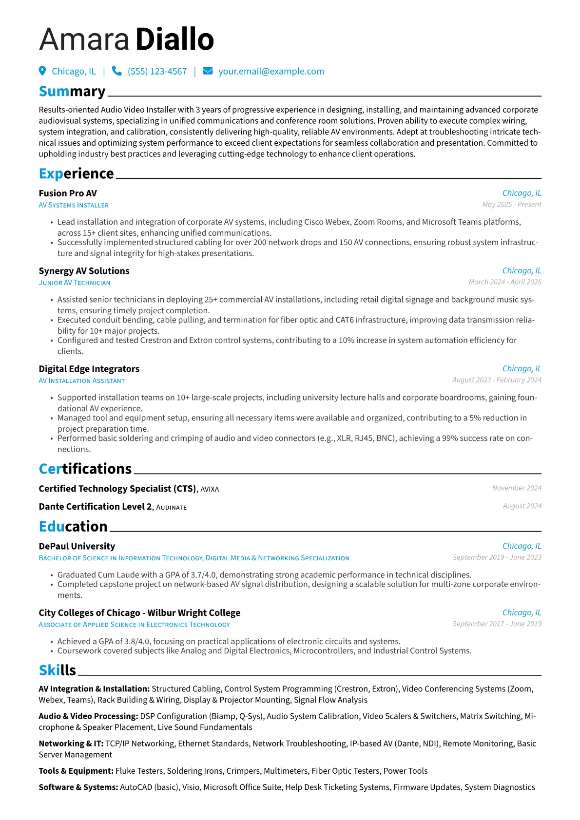 Audio Video Installer resume example, Corporate AV Integrator, page 1
