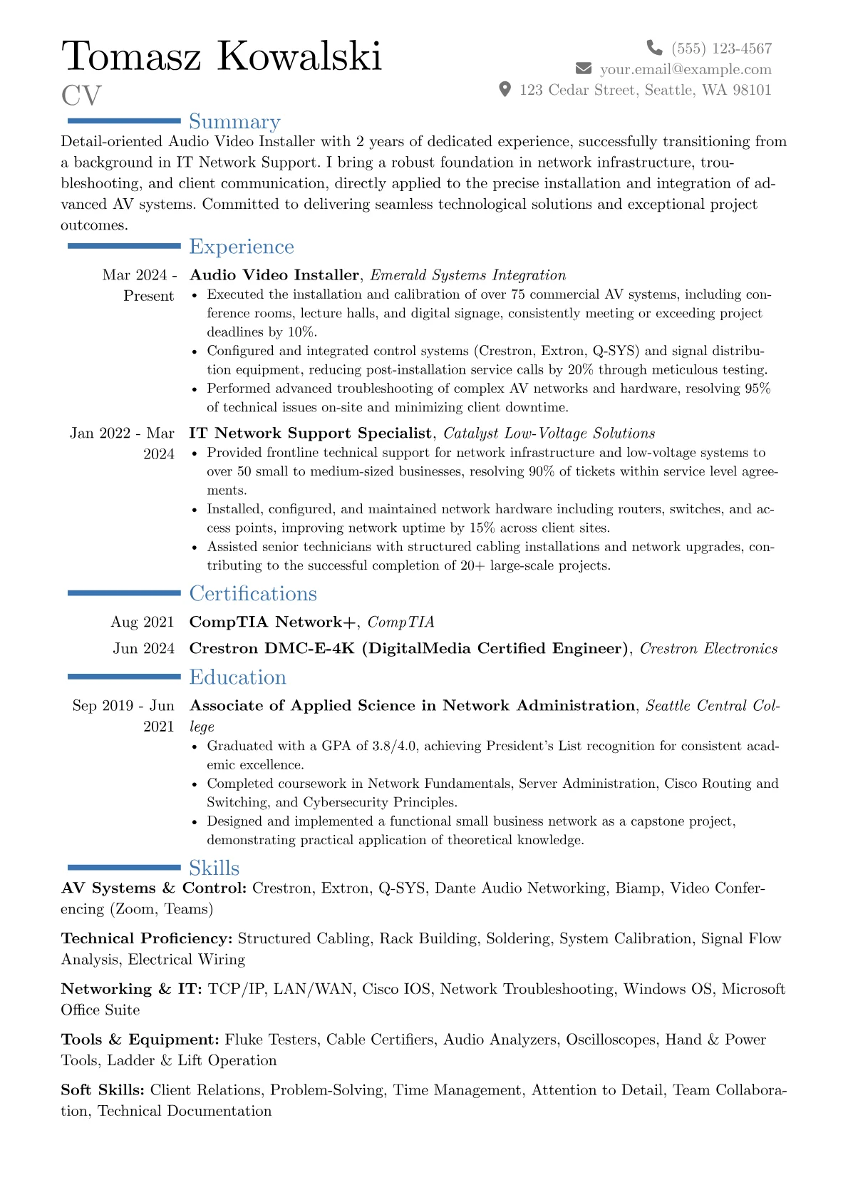 Audio Video Installer resume example, Career changer, page 1