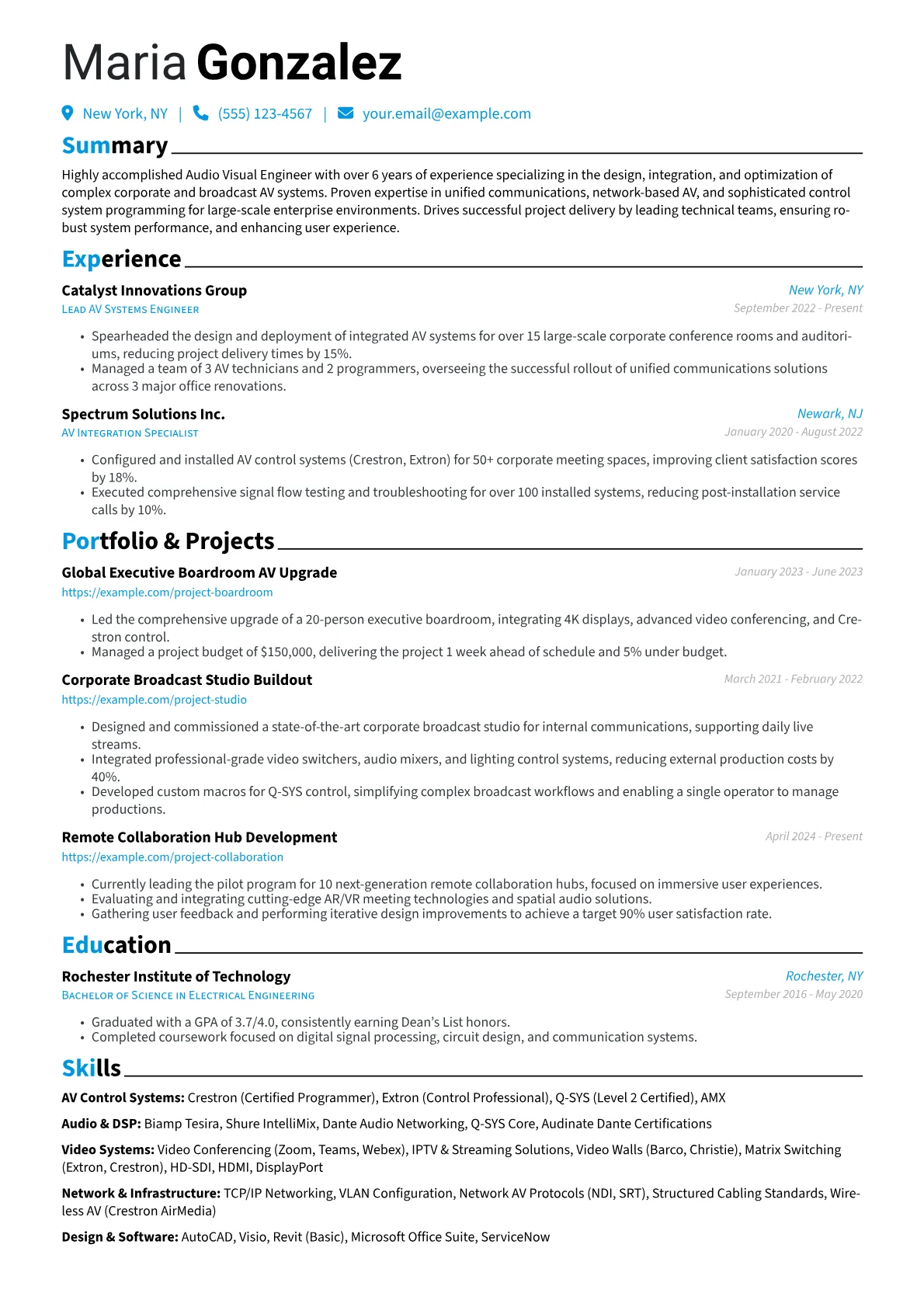 Audio Visual Engineer resume example, Audio Visual Engineer, page 1
