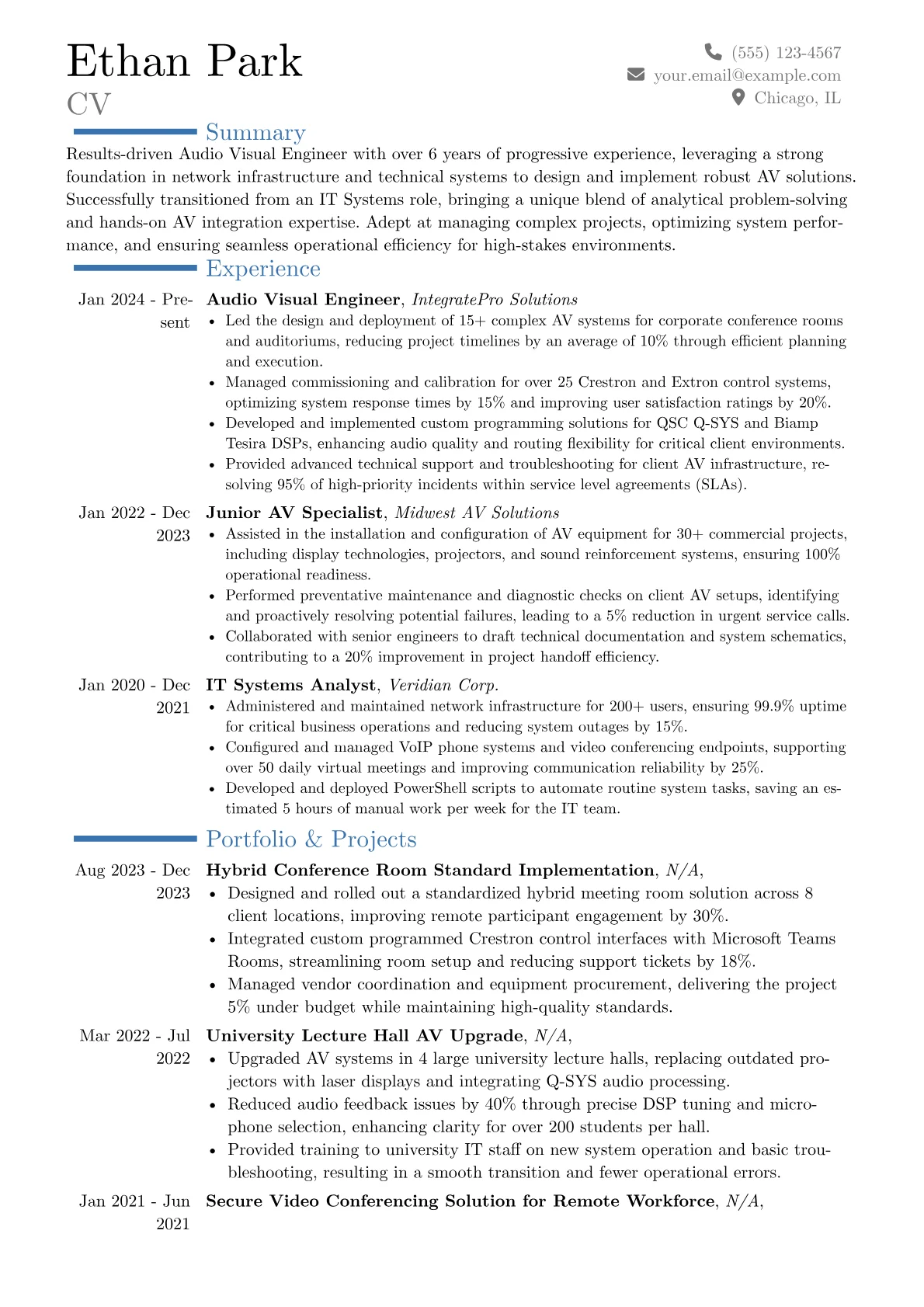 Audio Visual Engineer resume example, Career changer, page 1
